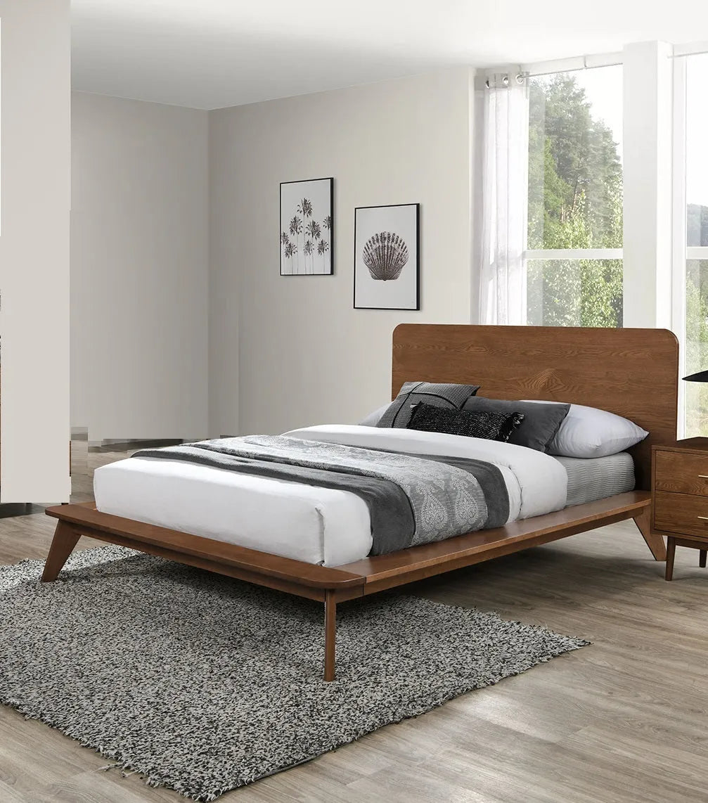 Platform Bed Walnut Color 3pc Bedroom Set King Size Bed 2x Nightstands Wooden Mid-Century Modern Style – view 14