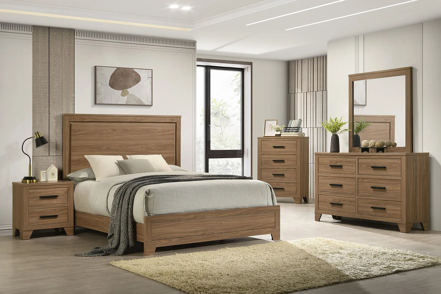 Walnut / Chestnut 3pc Set Queen Size Bed Dresser And Mirror Panel HB Bedroom Furniture Wooden Transitional – view 14