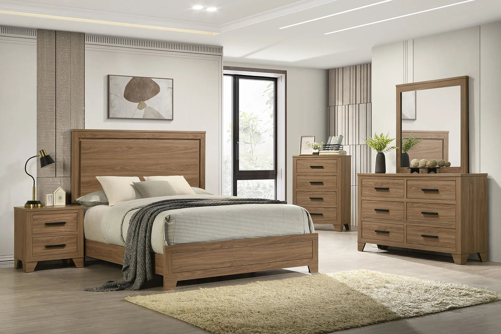 Walnut / Chestnut 3pc Set Queen Size Bed Dresser And Mirror Panel HB Bedroom Furniture Wooden Transitional – view 14