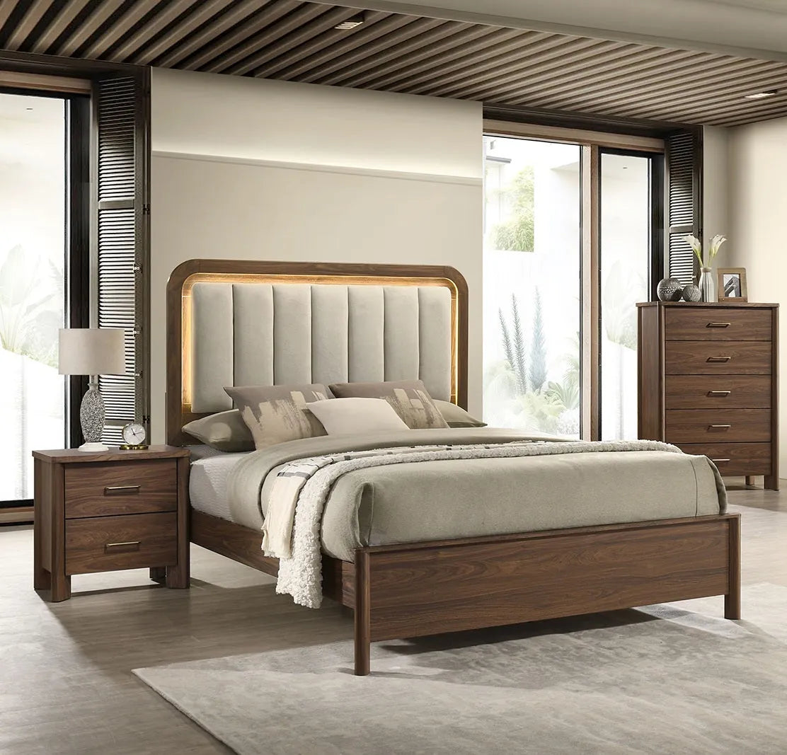Walnut Gorgeous Queen Size Bed Nightstands Set Panel Bed HB w LED Warm Light Bedroom Set 3pc – view 14