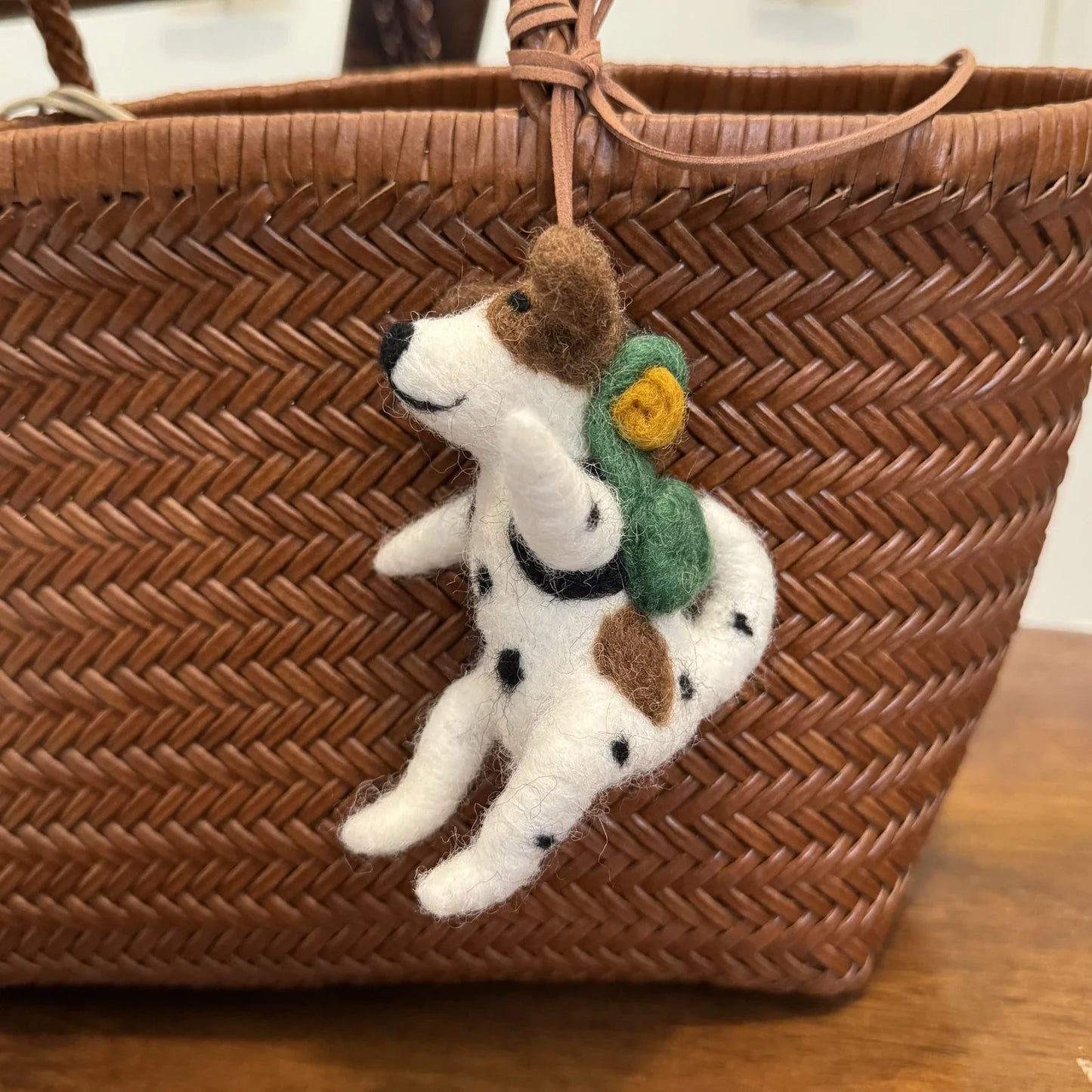 camping spotted dog handmade wool felt bag charm
