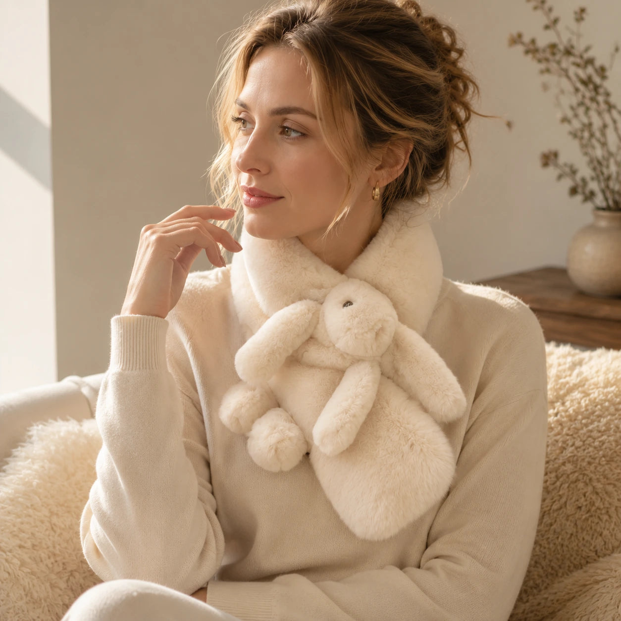 Ivory Beige genuine Rex rabbit fur bunny scarf worn in a soft living room setting