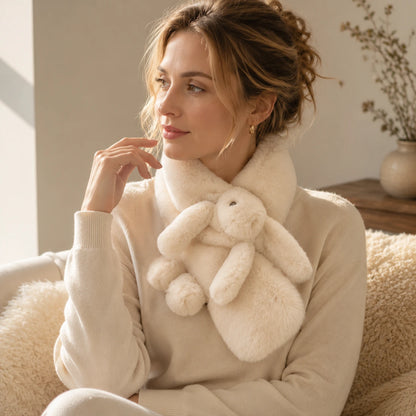 Ivory Beige genuine Rex rabbit fur bunny scarf worn in a soft living room setting