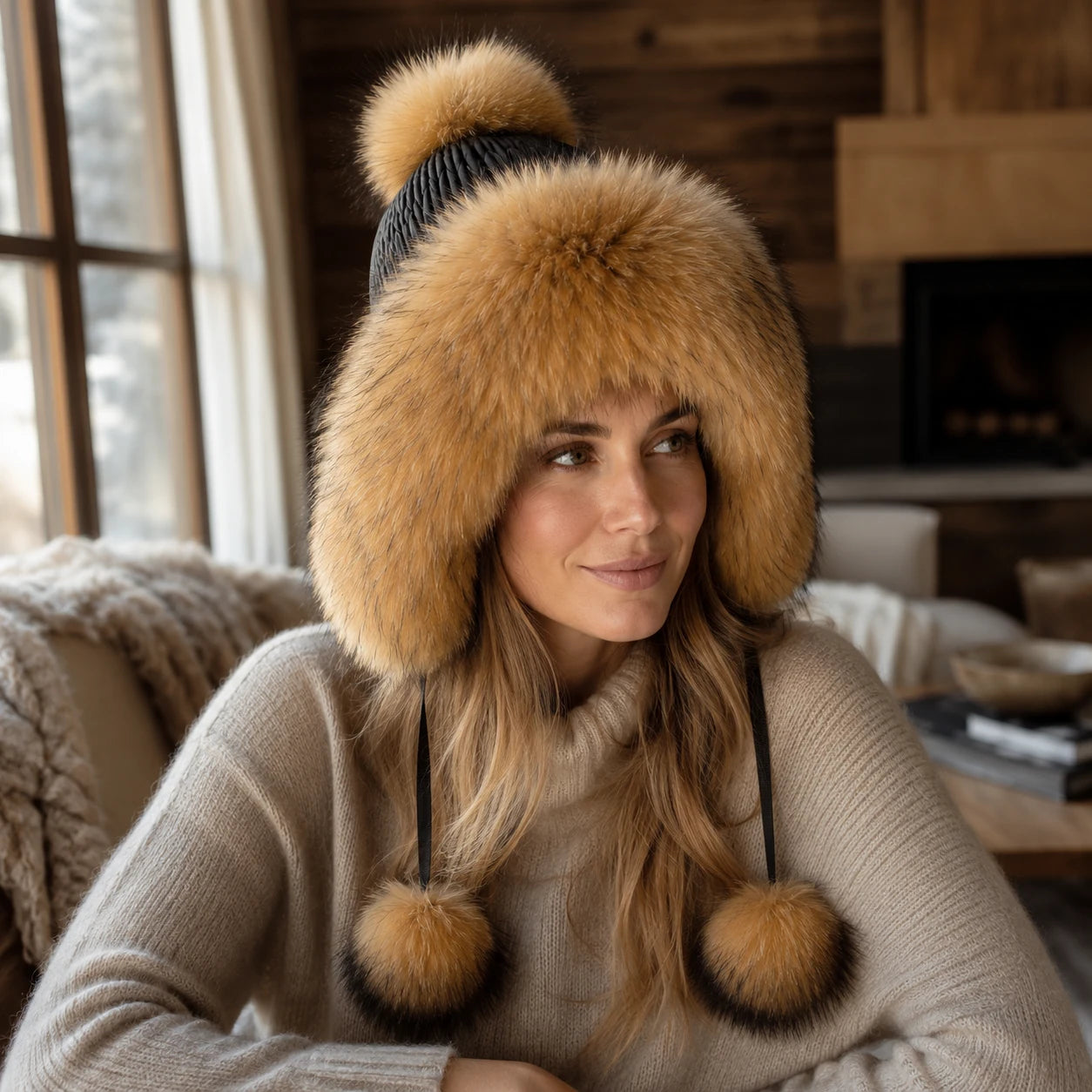 Natural Fox Brown genuine fox fur earflap hat styled in a winter cabin setting