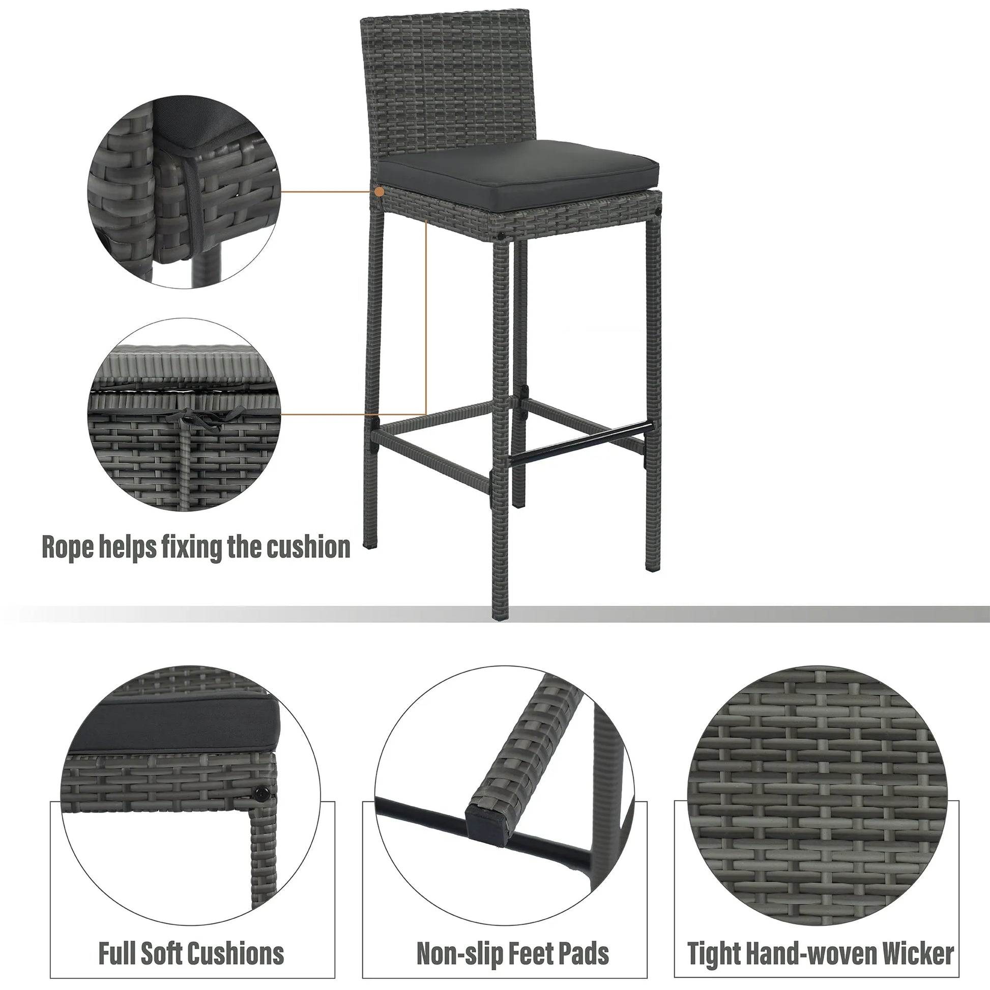 <Old SKU: FG201216AAE> GO 5-pieces Outdoor Patio Wicker Bar Set, Bar Height Chairs With Non-Slip Feet And Fixed Rope, Removable Cushion, Acacia Wood – view 14