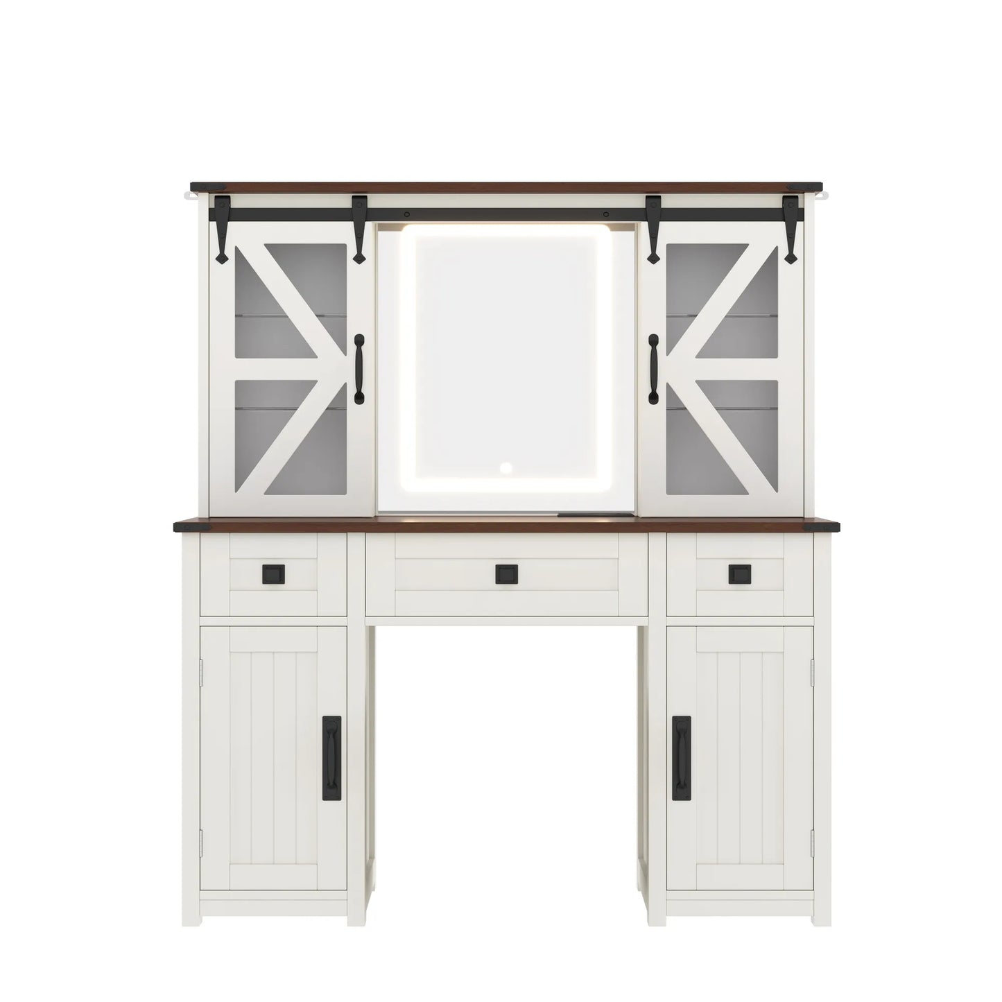 (Stool NOT Included) 43.3' Farmhouse Makeup Vanity Desk with Lighted Mirror, Vanity Table with Charging Station, Dressing Table with Sliding Barn – view 14