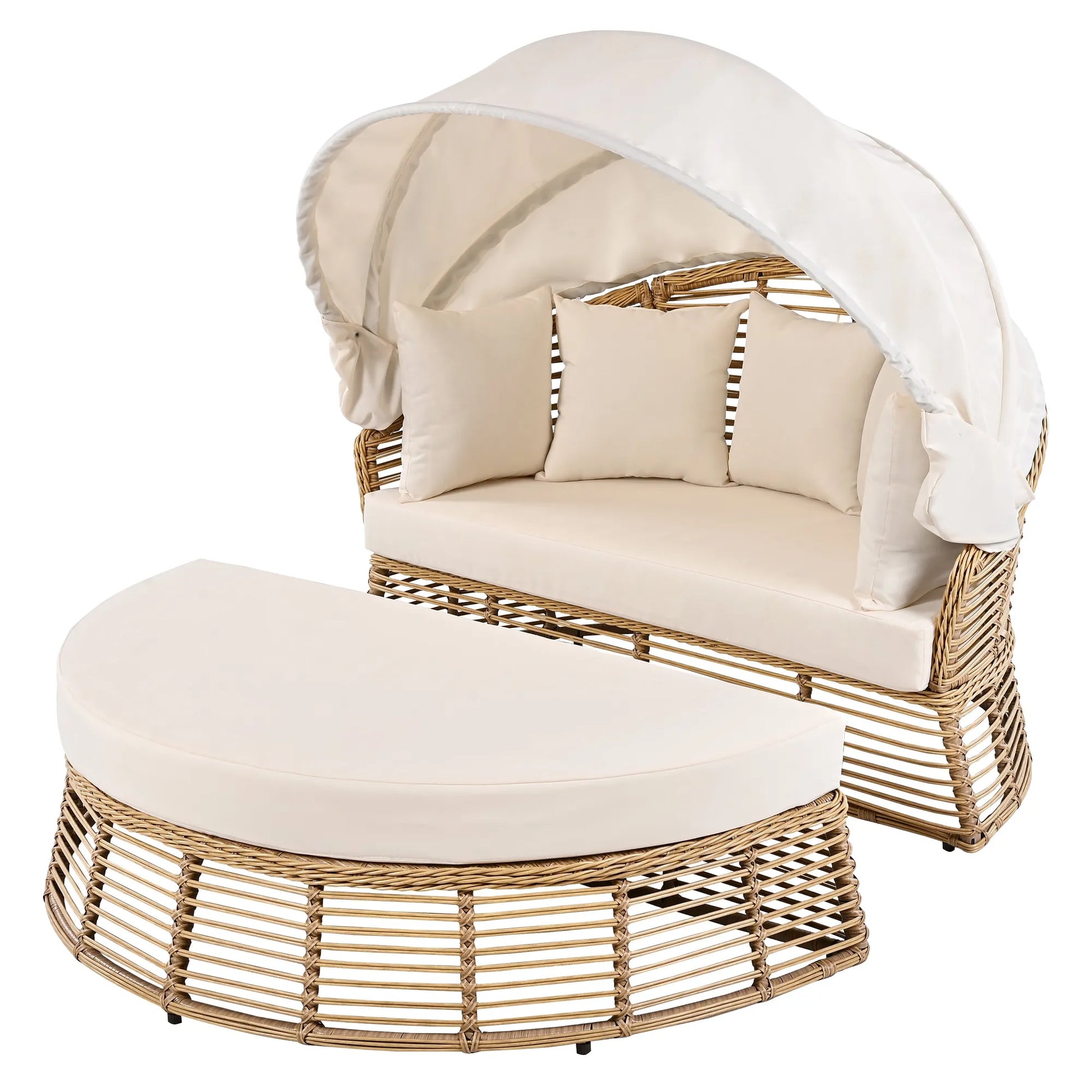 <Old SKU: N704G201243A> Outdoor Patio Rattan Round Daybed with Retractable Canopy, Wicker Furniture Round Poolside Sofa Sunbed with Removable – view 14