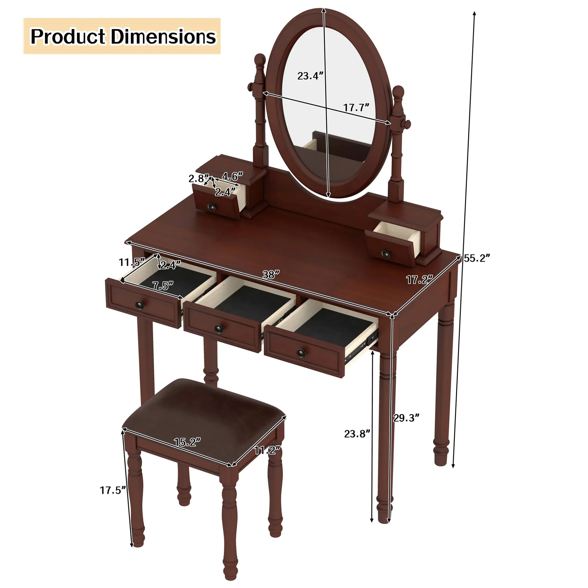 Vanity Desk with Adjustable Angle Mirror, Vintage Vanity Makeup Table and Cushioned Stool Set with Velvet Fabric Lining 5 Drawers,Wooden Dressing – view 14