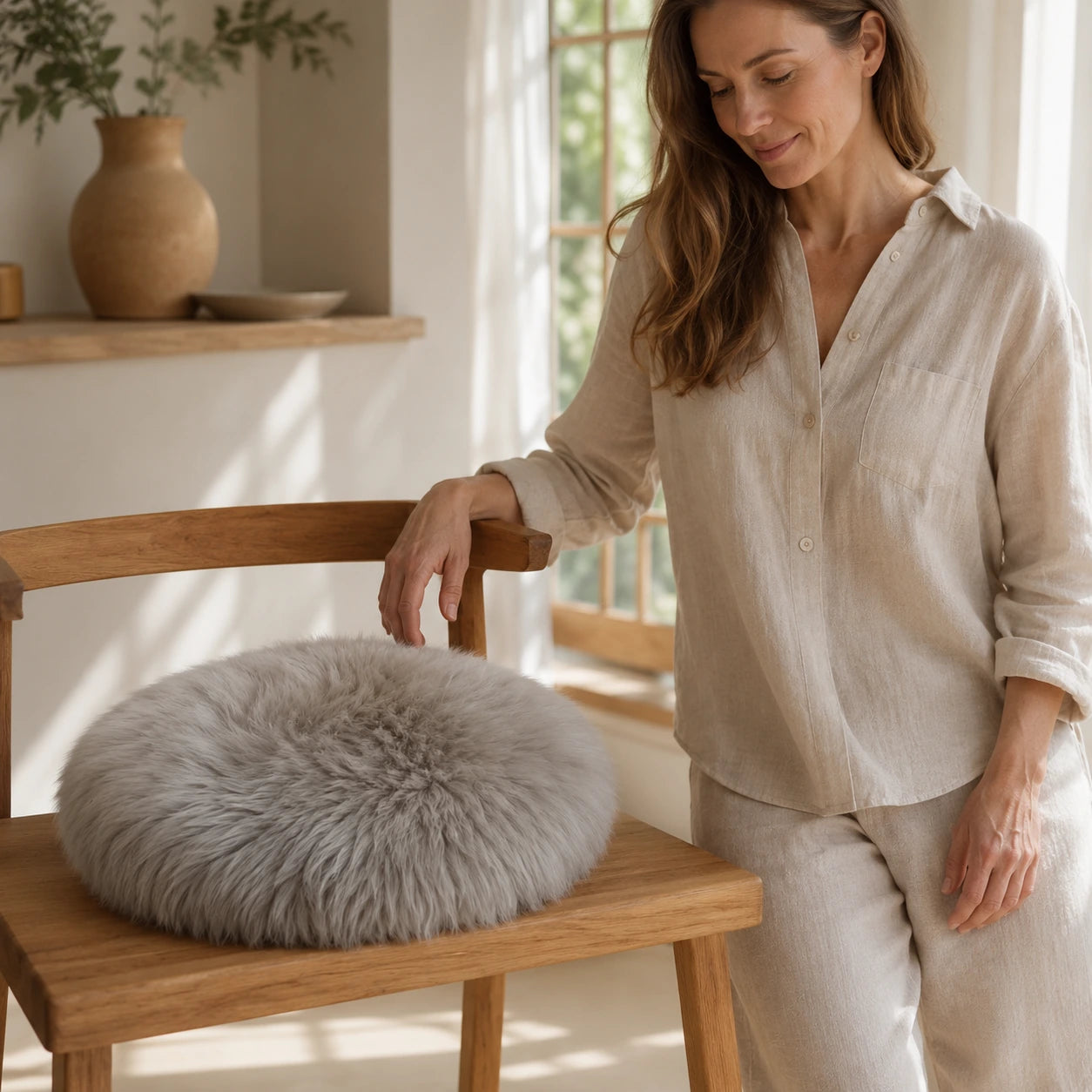 Silver Gray genuine long-wool sheepskin round pad placed on a dining chair