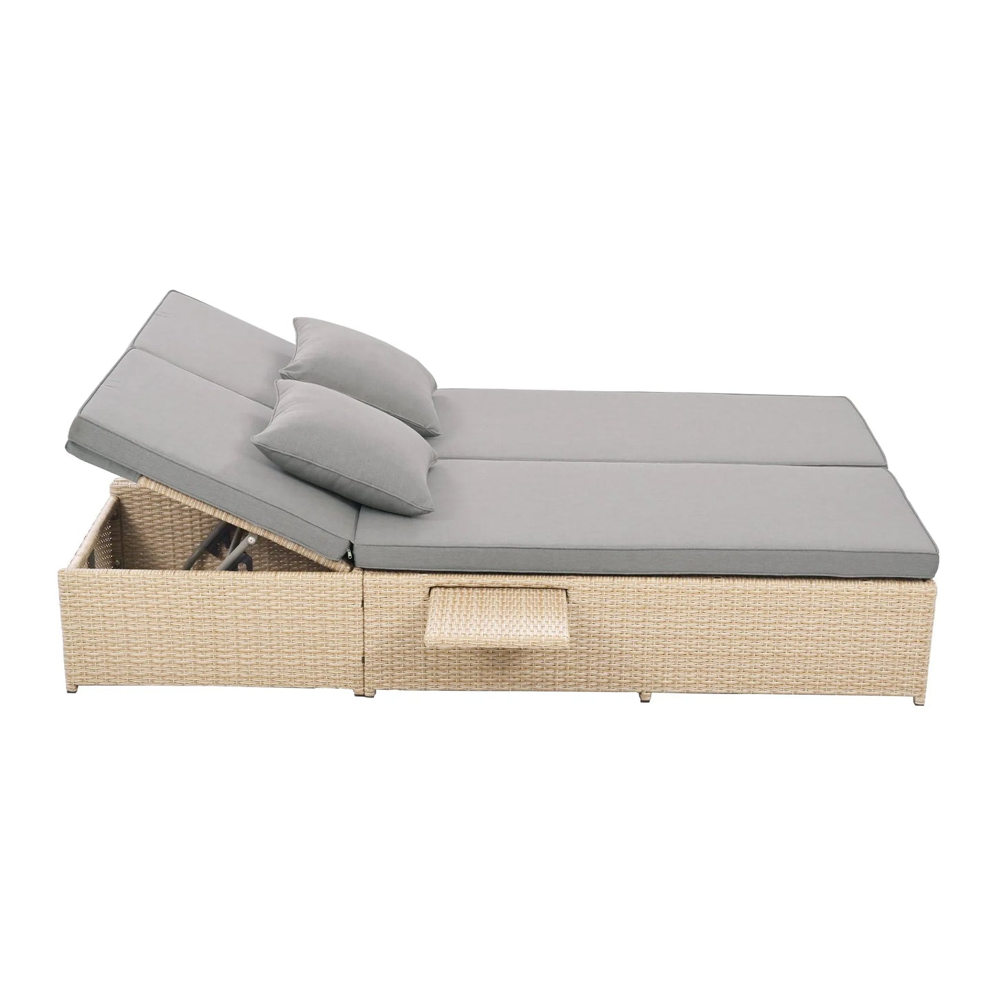 Outdoor Double Sunbed, Wicker Rattan Patio Reclining Chairs with Adjustable Backrest and Seat, Conversational Set for 2 Person, Brown – view 14
