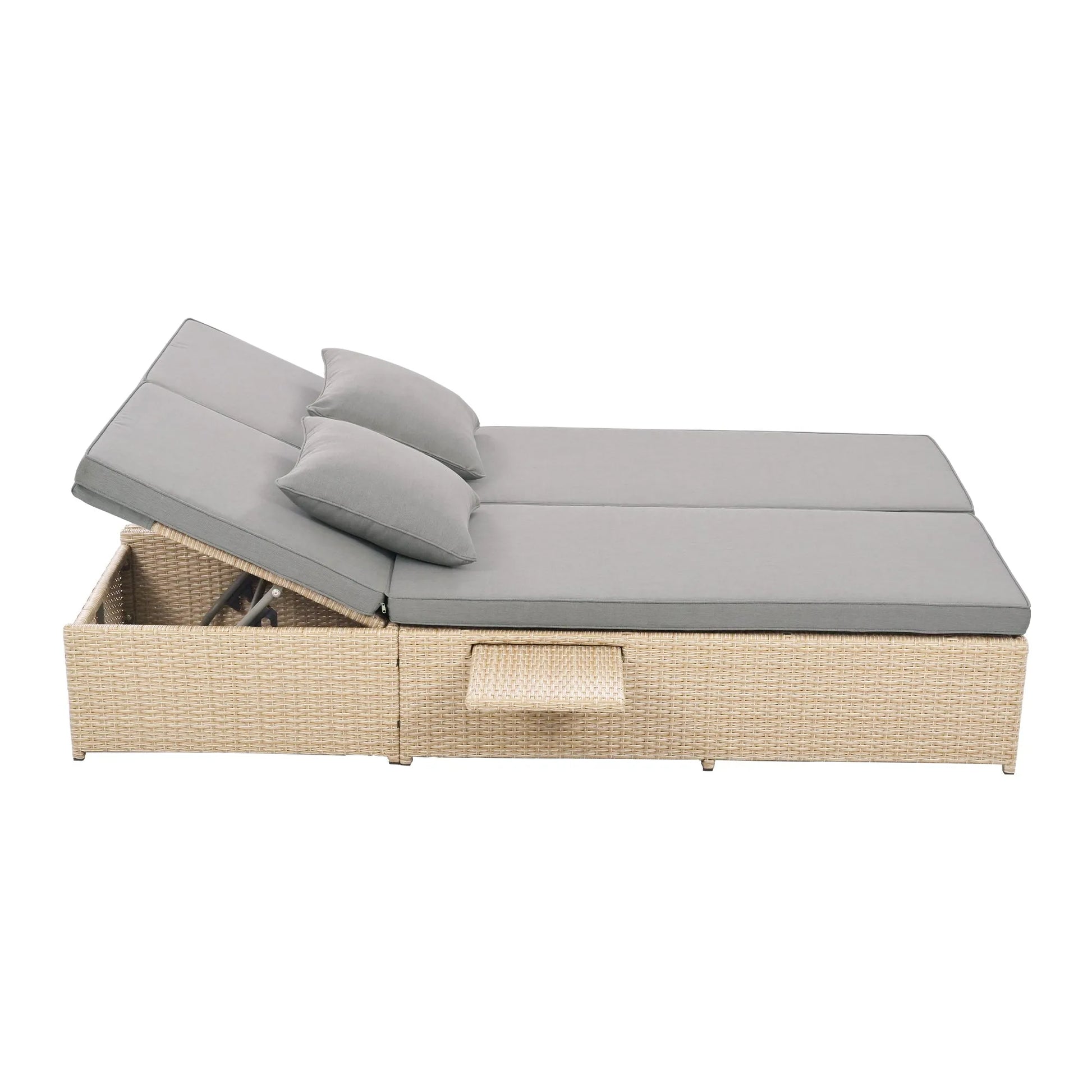Outdoor Double Sunbed, Wicker Rattan Patio Reclining Chairs with Adjustable Backrest and Seat, Conversational Set for 2 Person, Brown – view 14