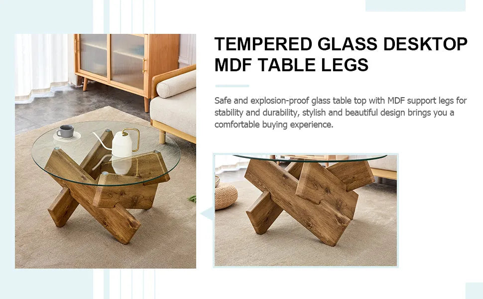 Circular glass coffee table, 33.4-inch modern and distinctive design tea table. Tempered glass countertop, wood colored MDF table legs. Suitable for – view 14