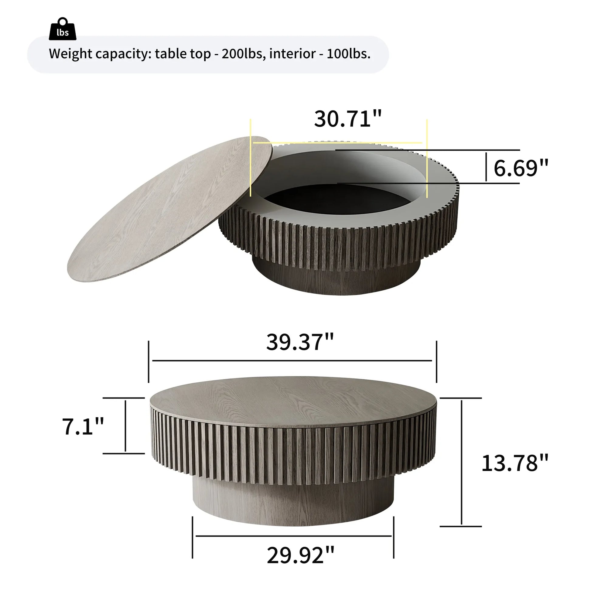 39.37'' Round Coffee Table with Storage Solid Wood Veneered Modern Coffee Table Accent Tea Table for Living Room, Bedroom, Apartment or Office, Grey – view 14