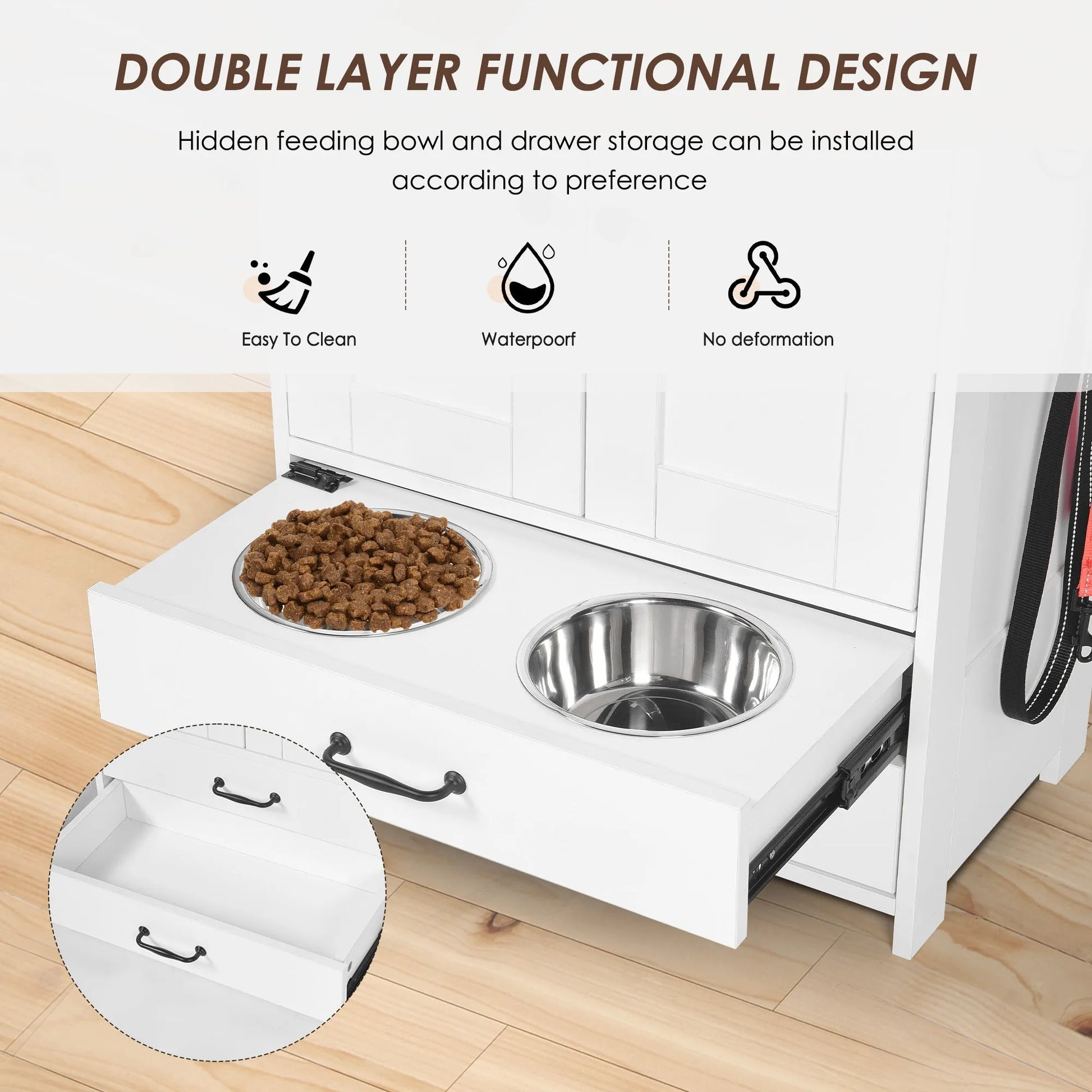 Dog feeding station, double door locker with 2 adjustable dog bowls, 3 hooks on right side, white – view 14