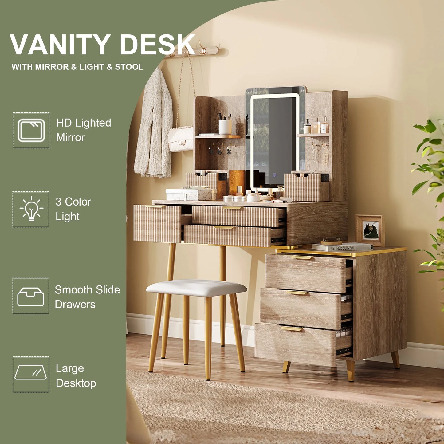 7-Drawer Vanity Desk with LED Mirror & Carved Details, Fluted Makeup Table with Metal Legs and PU Stool, Carved Dressing Table with Jewelry Storage – view 14