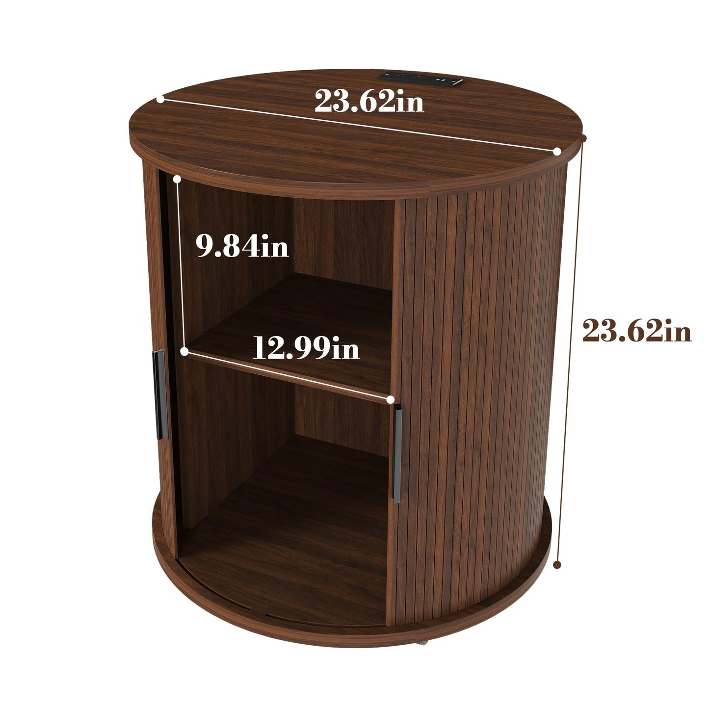 Mid Century Modern Cylinder End Table with Built-in Charging Station & Sliding Door, 2-Tier Storage Round Nightstand with USB Ports, Walnut Bedside – view 14