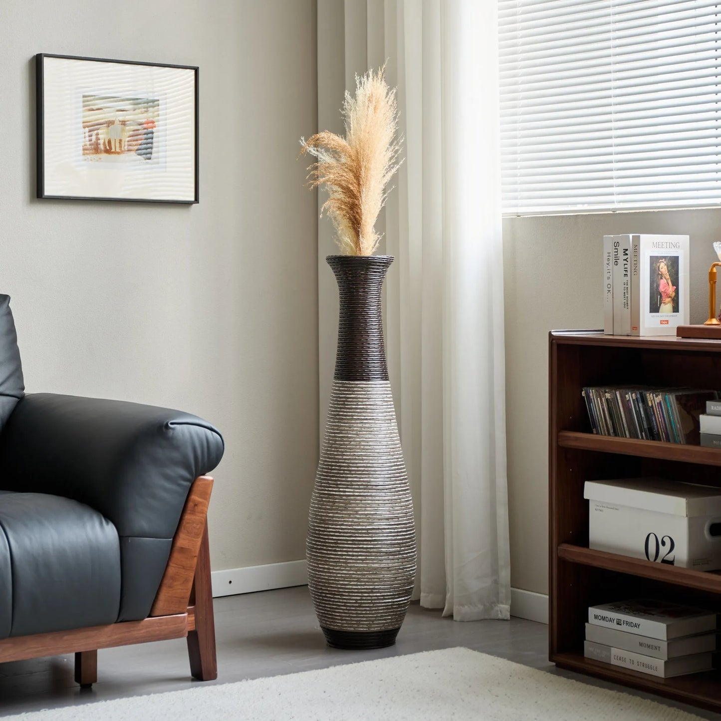 39-Inch Tall Standing Designer Floor Vase - Durable Artificial Rattan - Elegant Two-Tone Dark Brown Finish - Ideal Décor Accent for Living Room – view 14