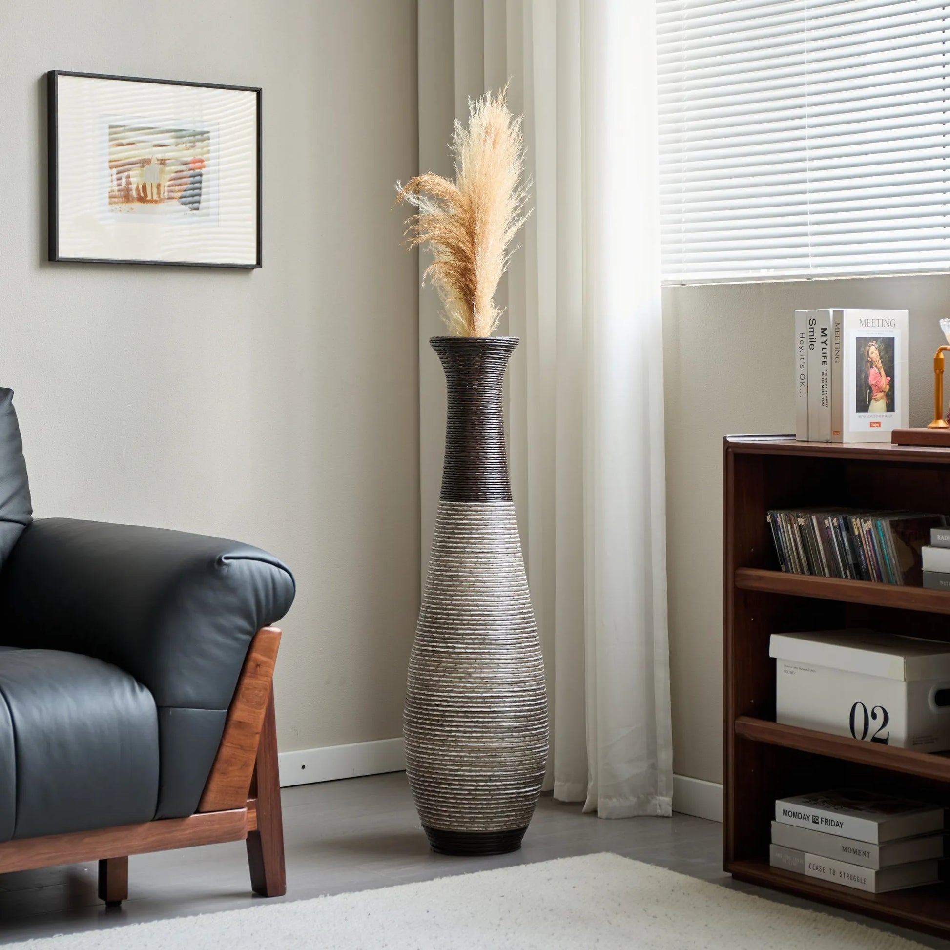 39-Inch Tall Standing Designer Floor Vase - Durable Artificial Rattan - Elegant Two-Tone Dark Brown Finish - Ideal Décor Accent for Living Room – view 14