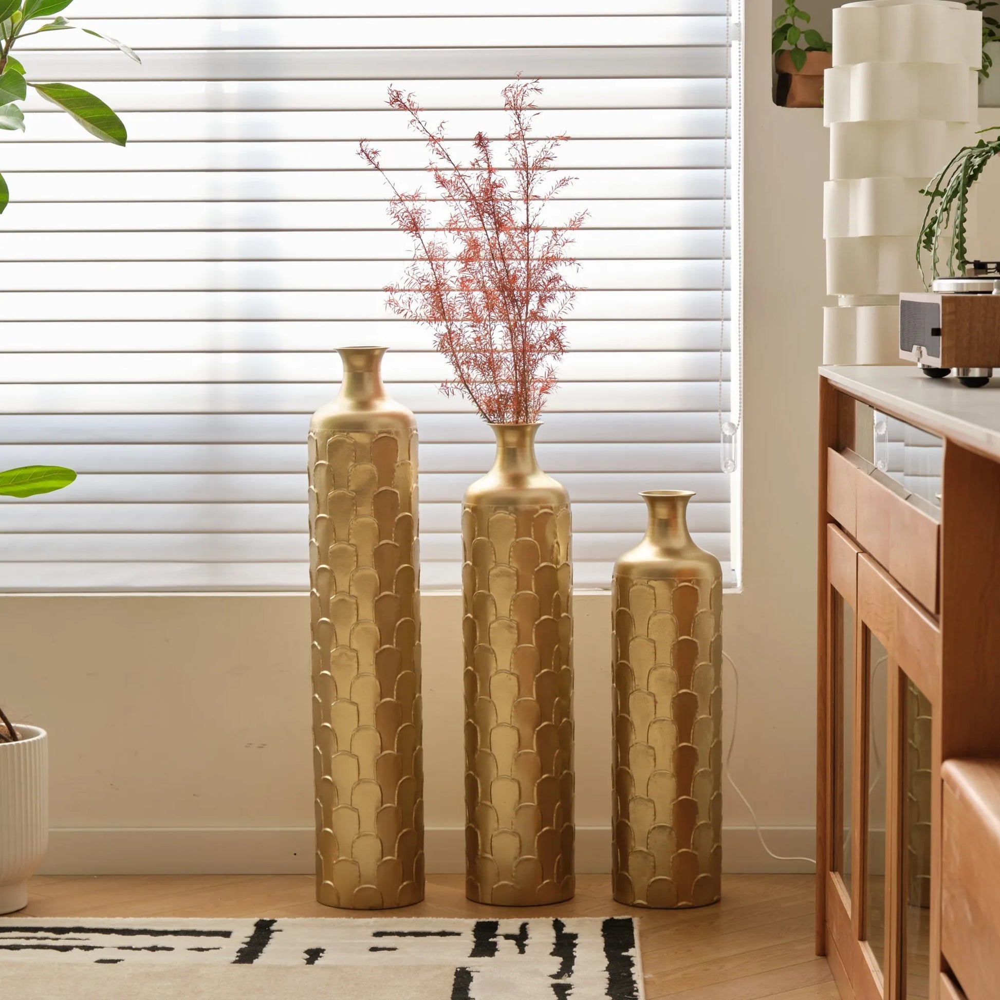 Floor Metal Vases Decorated White Metal Vases Set of 3 Gorgeous Home Decoration Large Glazed Metal Vases 25.2in/29.33in/34.25in Height – view 14