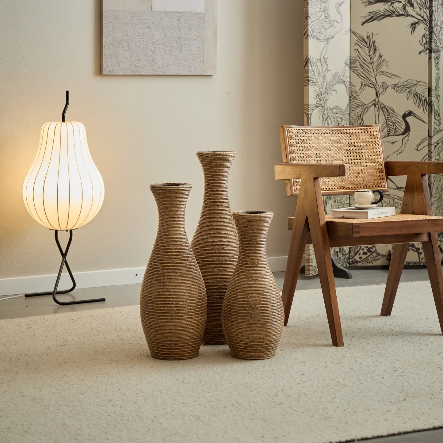 3-Piece Artificial Rattan Floor Vase Set – Decorative Accent for Living Room, Hallway & Entryway, Ideal for Dried or Silk Flower Arrangements, Beige – view 14