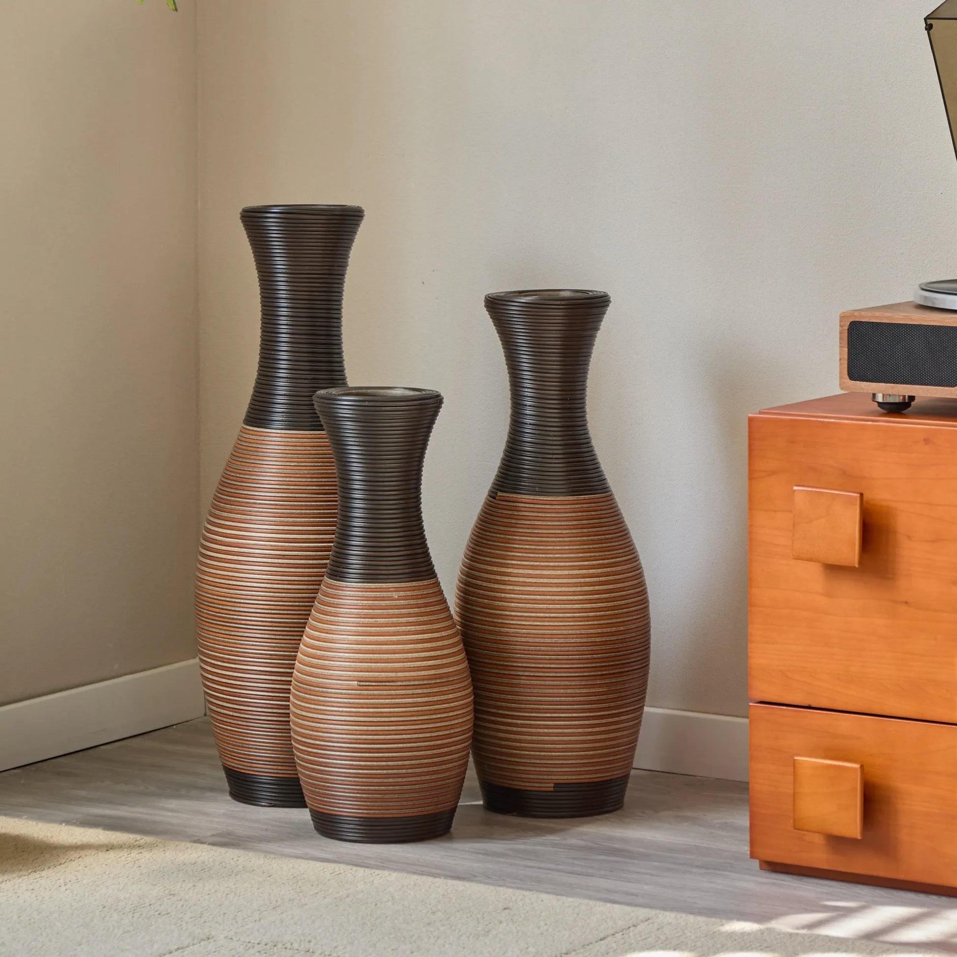 Set Of 3 Designer Floor Vases, Large Vases for Home Décor Flooring, Artificial Rattan Floor Vases, Brown Floor Vases for Living Rooms or Corridors – view 14