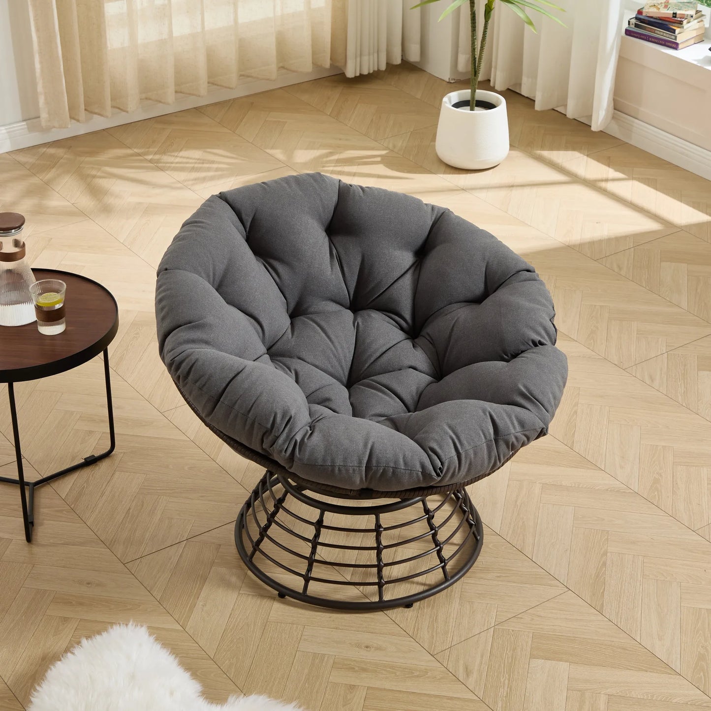Comfortable Ergonomic Wicker Papasan Chair, 360° Swivel Indoor Outdoor Rattan Chair with Soft Thick Cushion, Ideal for Living Room, Bedroom, Reading – view 14
