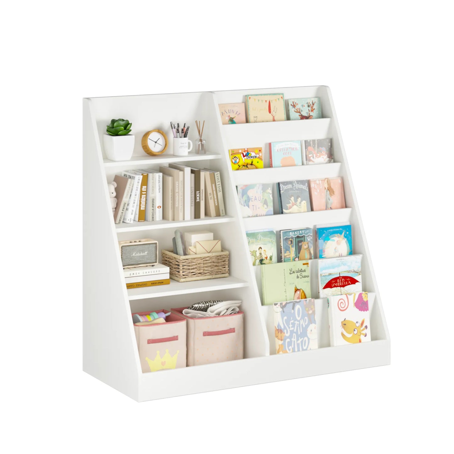 Kids Bookshelf and Toy Storage Organizer, Multifunctional 4-Tier White Wooden Bookcase with Toy Bin for Nursery, Playroom, or Kids Room – view 14