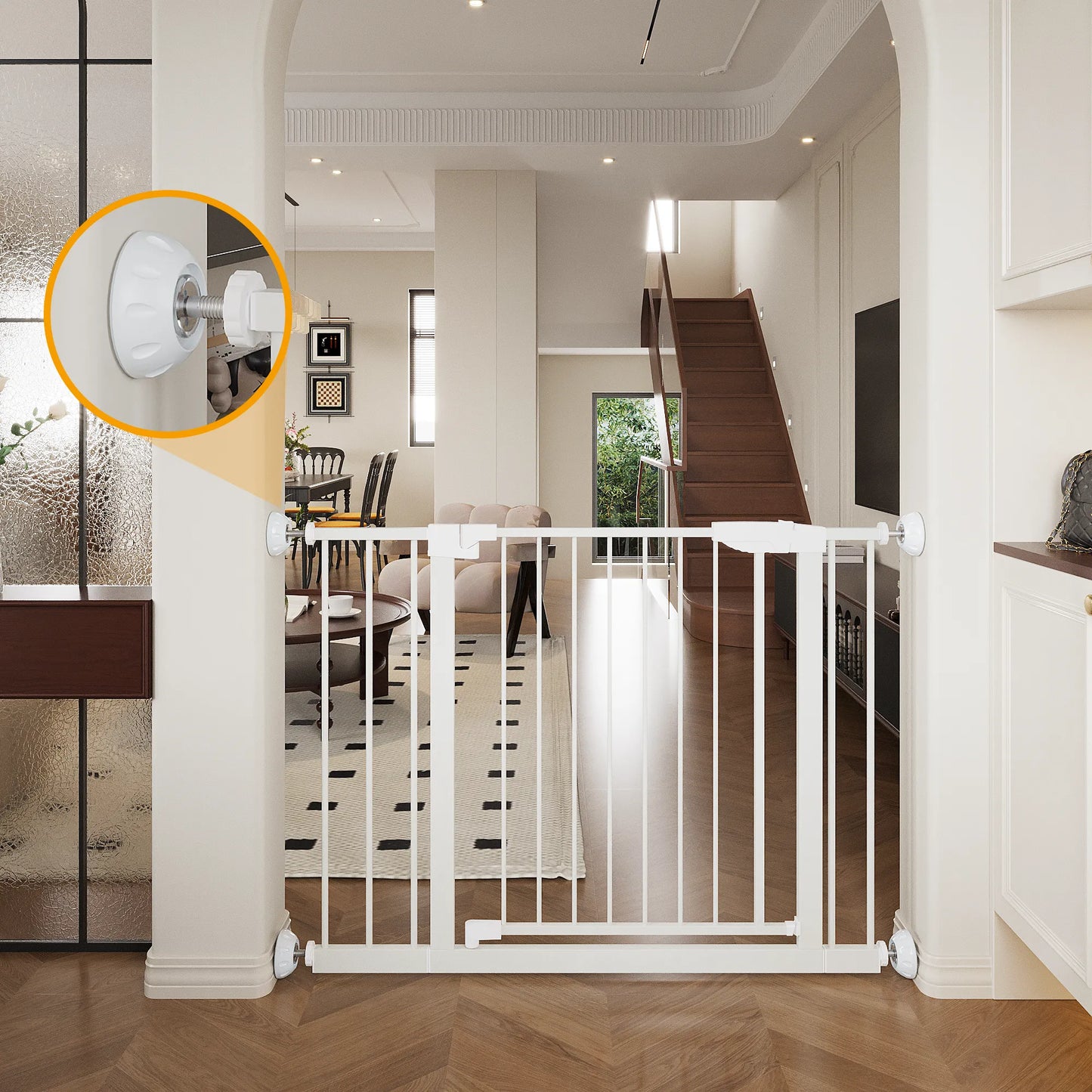 29.5-45.3' Wide Baby Gate with wall protector for Stairs, Dog Gate Indoor for Doorways, No Drilling Pressure Mounted Pet Gates for Kids, Easy Walk – view 14