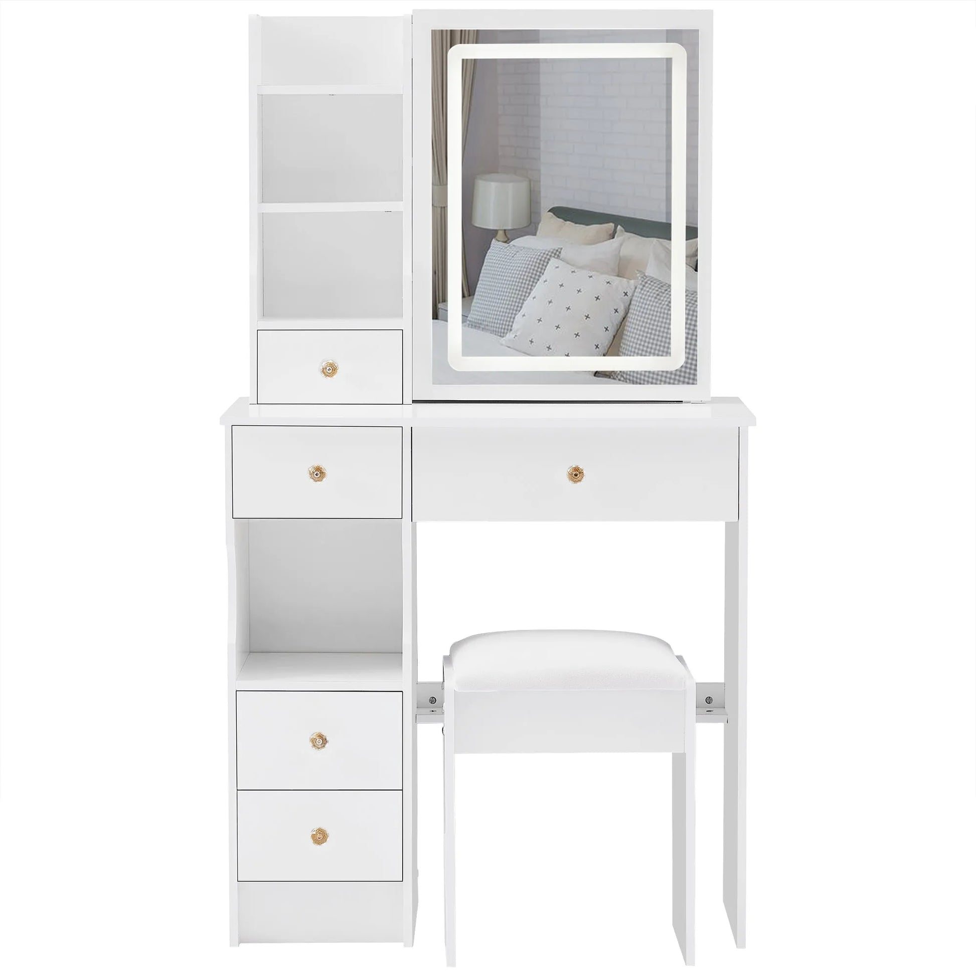 29.2' Small Size Left Drawer Desktop Vanity Table + Cushioned Stool, Large Sliding, Touch Control, Tri-color Switching, Brightness Adjust LED Mirror – view 14