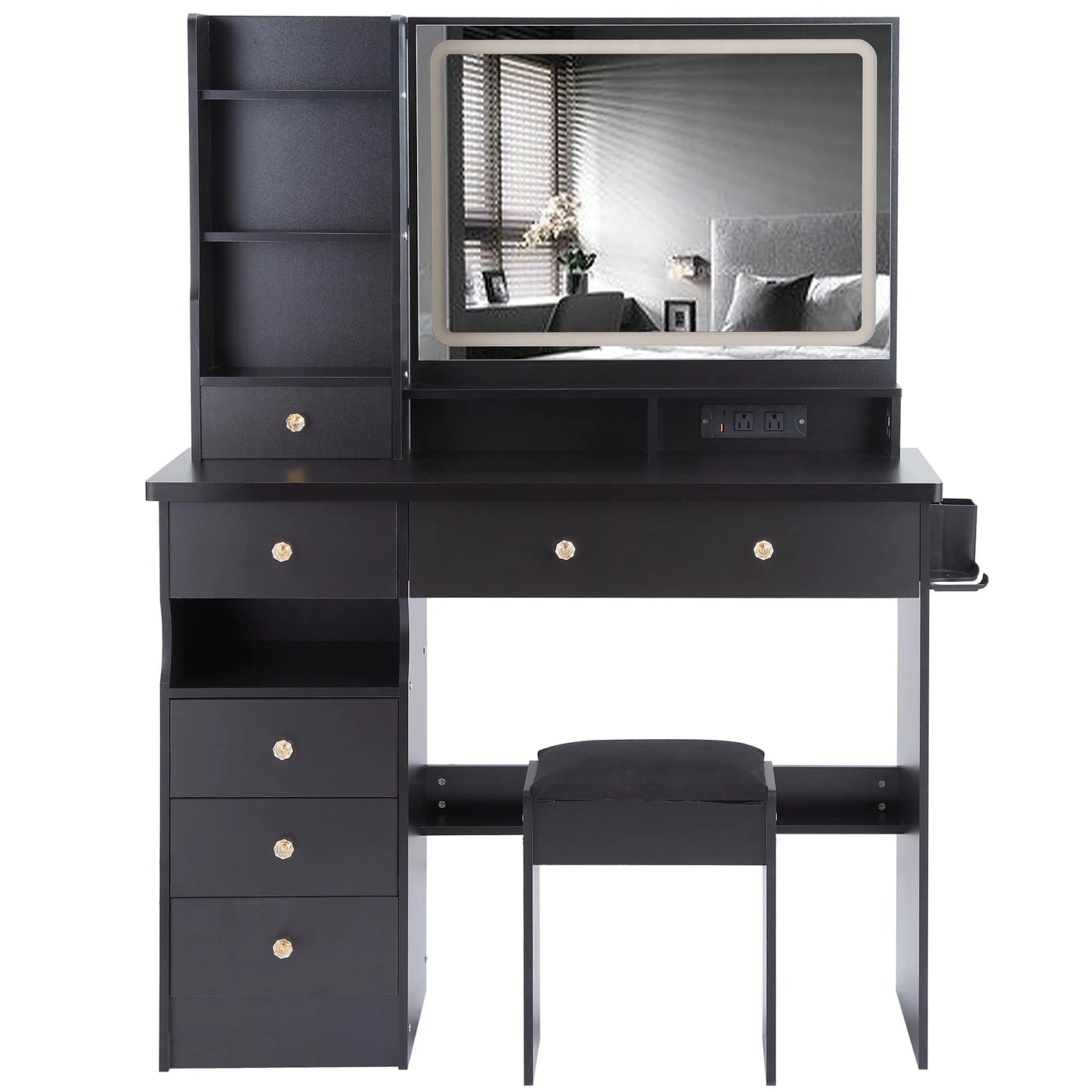 41' Large Size Left Drawer Desktop Vanity Table+Cushioned Stool Dresser Set, 2 AC+2 USB Power Station, Hair Dryer Stand, Extra Large Touch Control – view 14