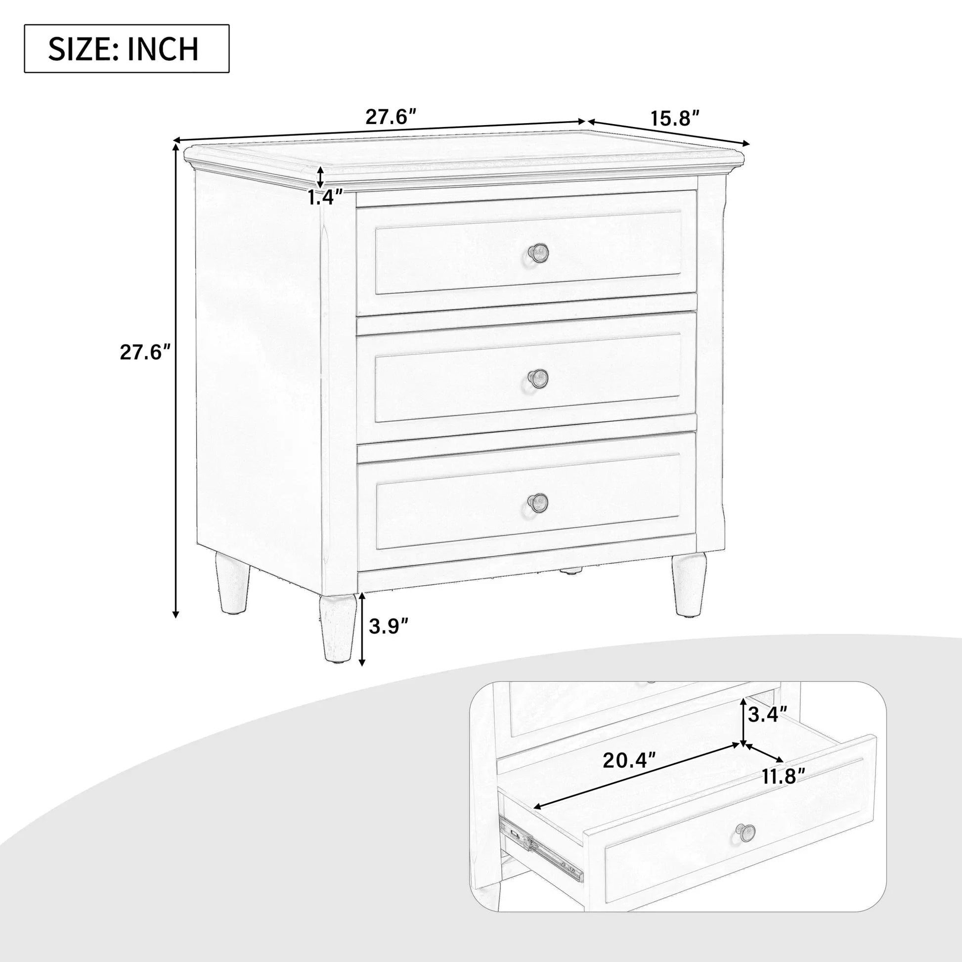 U_STYLE 28''painted Nightstand with 3 Drawers and Smooth Gliding Rails ,Simple Bedside Cabinet with Metal handle, Minimalist Sofa Side Table with – view 14