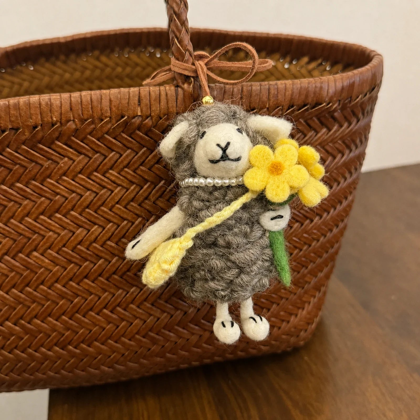 Handmade wool felt sheep bag charm – yellow flower gray sheep