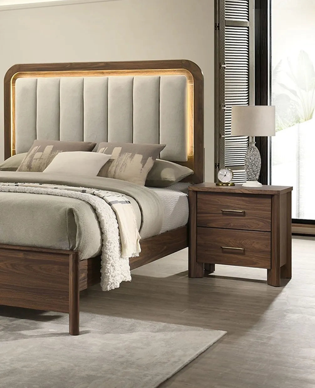 Walnut Gorgeous Eastern King Size Bed Nightstands Set Panel Bed HB w LED Warm Light Bedroom Set 3pc – view 15