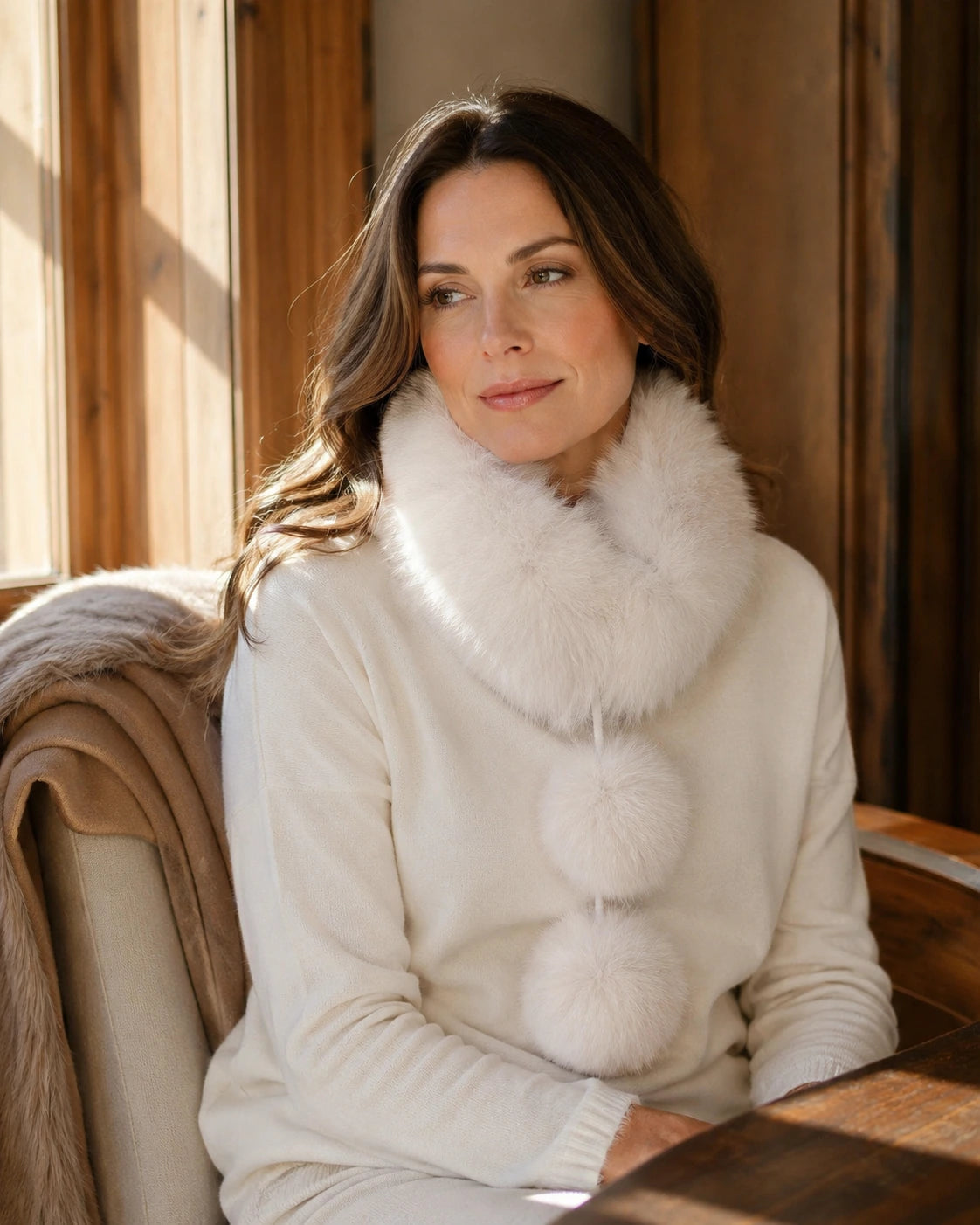 Woman wearing a Blue Fox Gray genuine fur loop scarf in a refined neutral interior