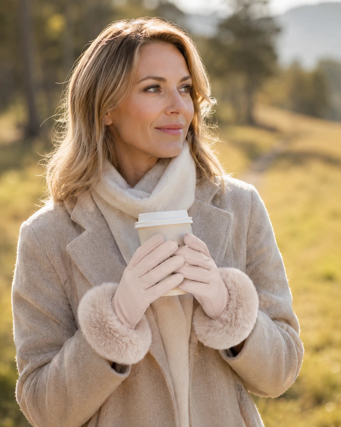 Woman wearing blush leather gloves with fur cuffs on a winter walk