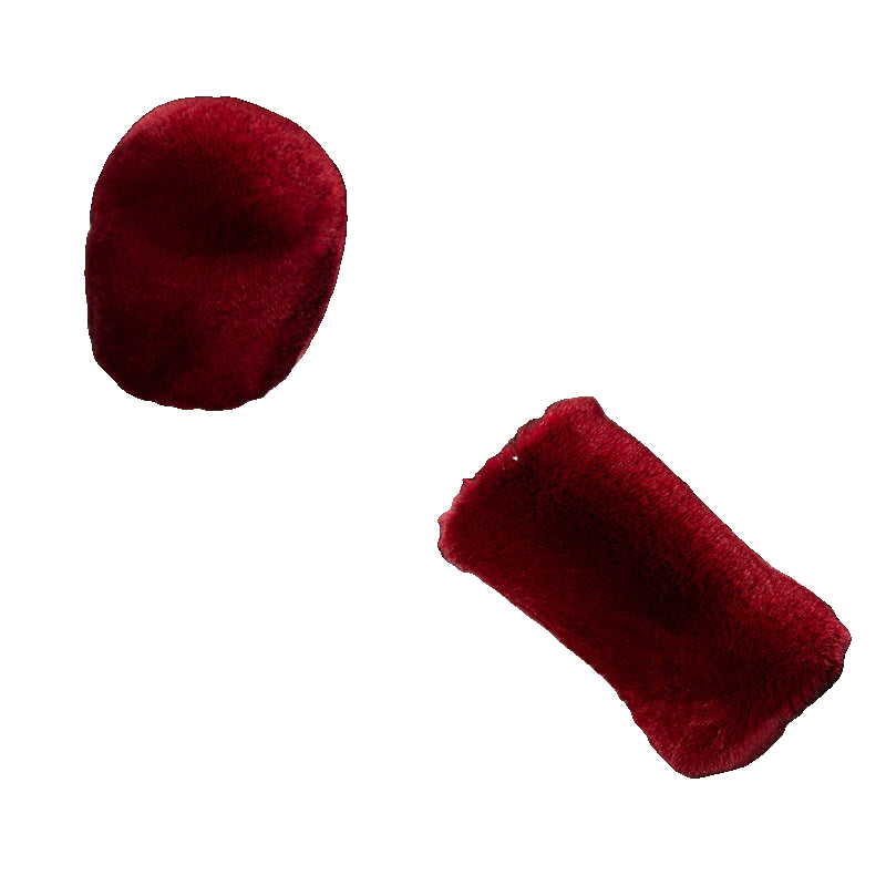 Burgundy genuine Rex rabbit fur gear shift and handbrake cover set on transparent background