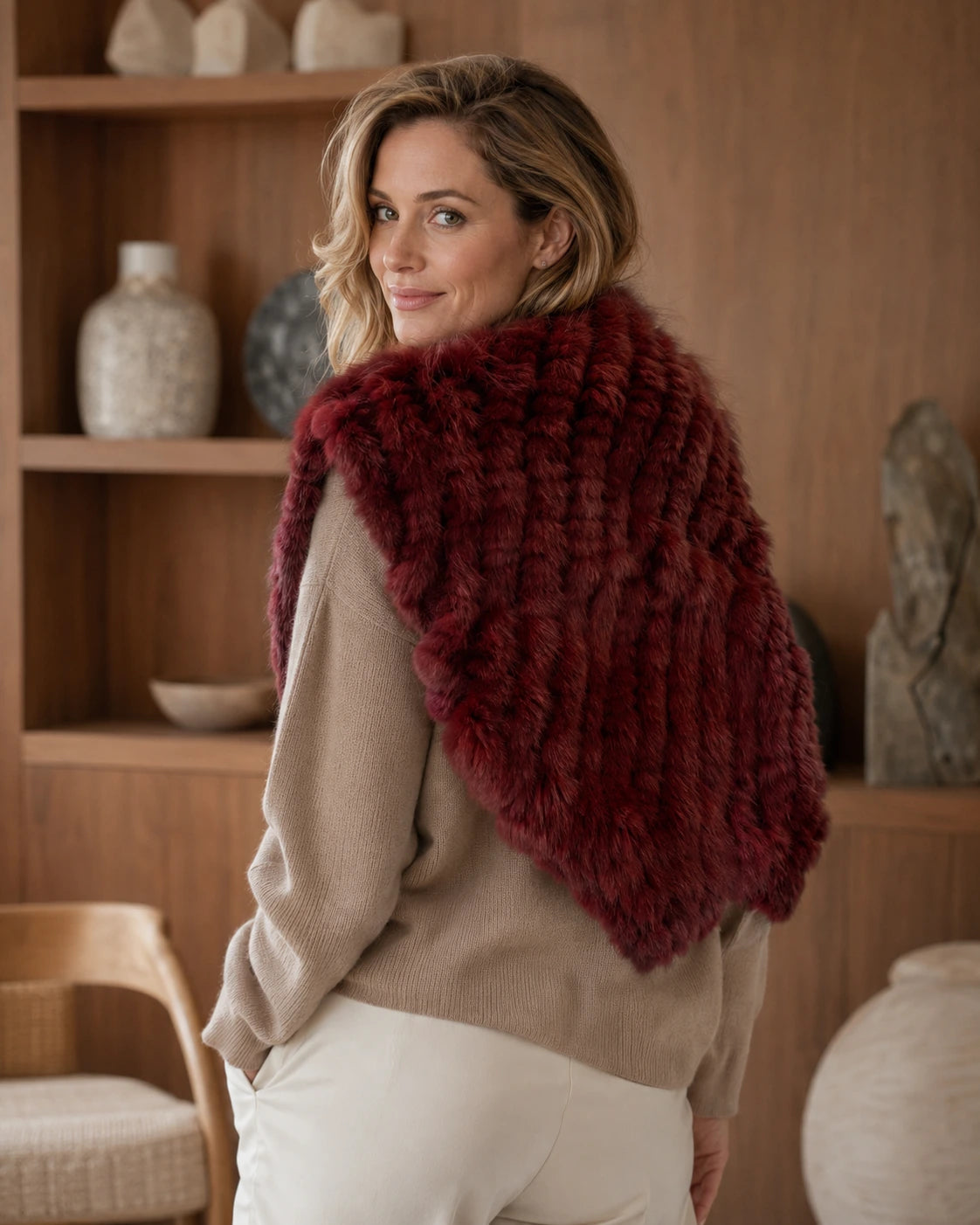 Burgundy rabbit fur knit poncho worn in a warm wood interior