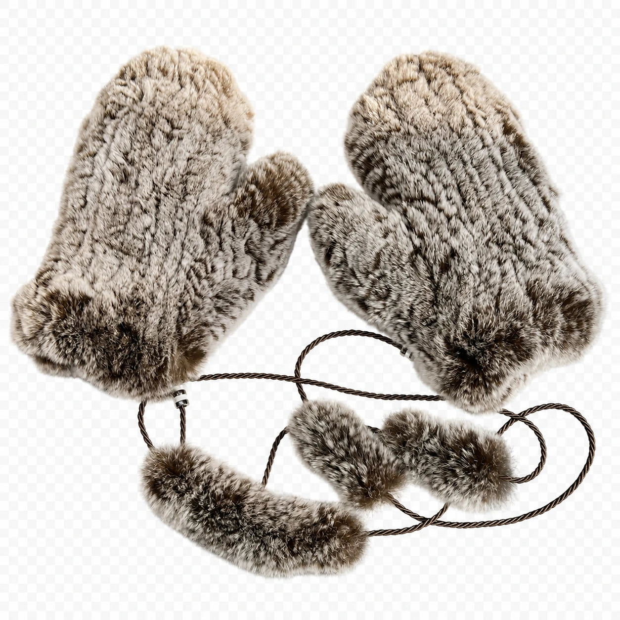 Frosted Taupe genuine Rex rabbit fur knit mittens, product view