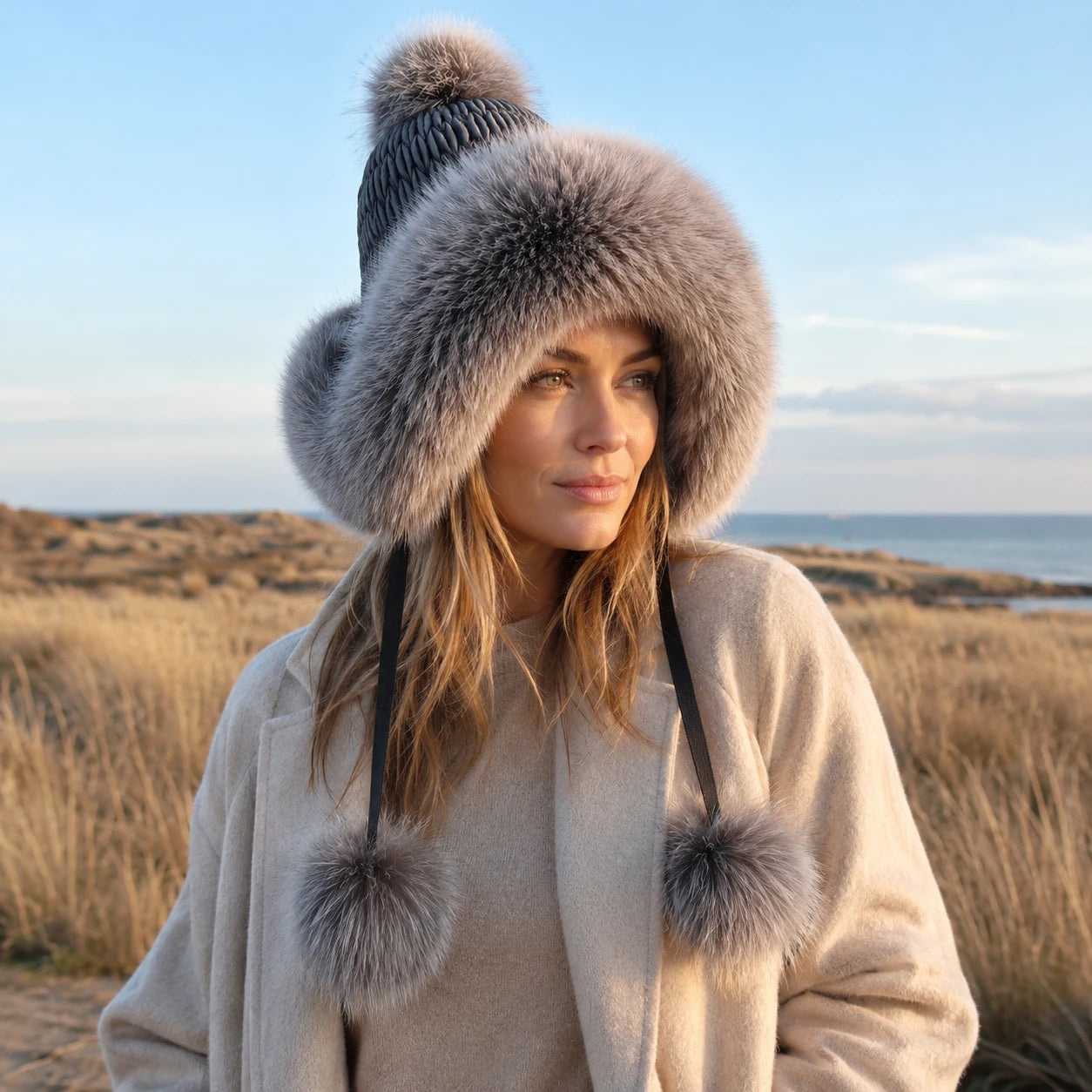 Silver Fox Gray genuine fox fur earflap hat worn outdoors with a neutral coat