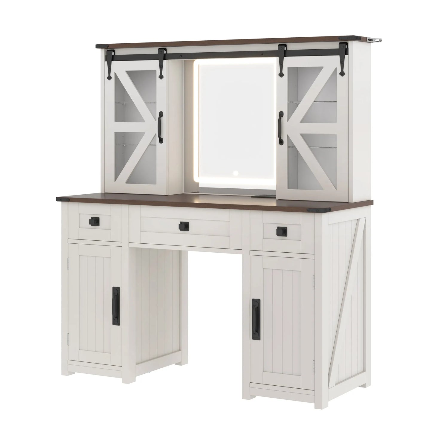 (Stool NOT Included) 43.3' Farmhouse Makeup Vanity Desk with Lighted Mirror, Vanity Table with Charging Station, Dressing Table with Sliding Barn – view 15