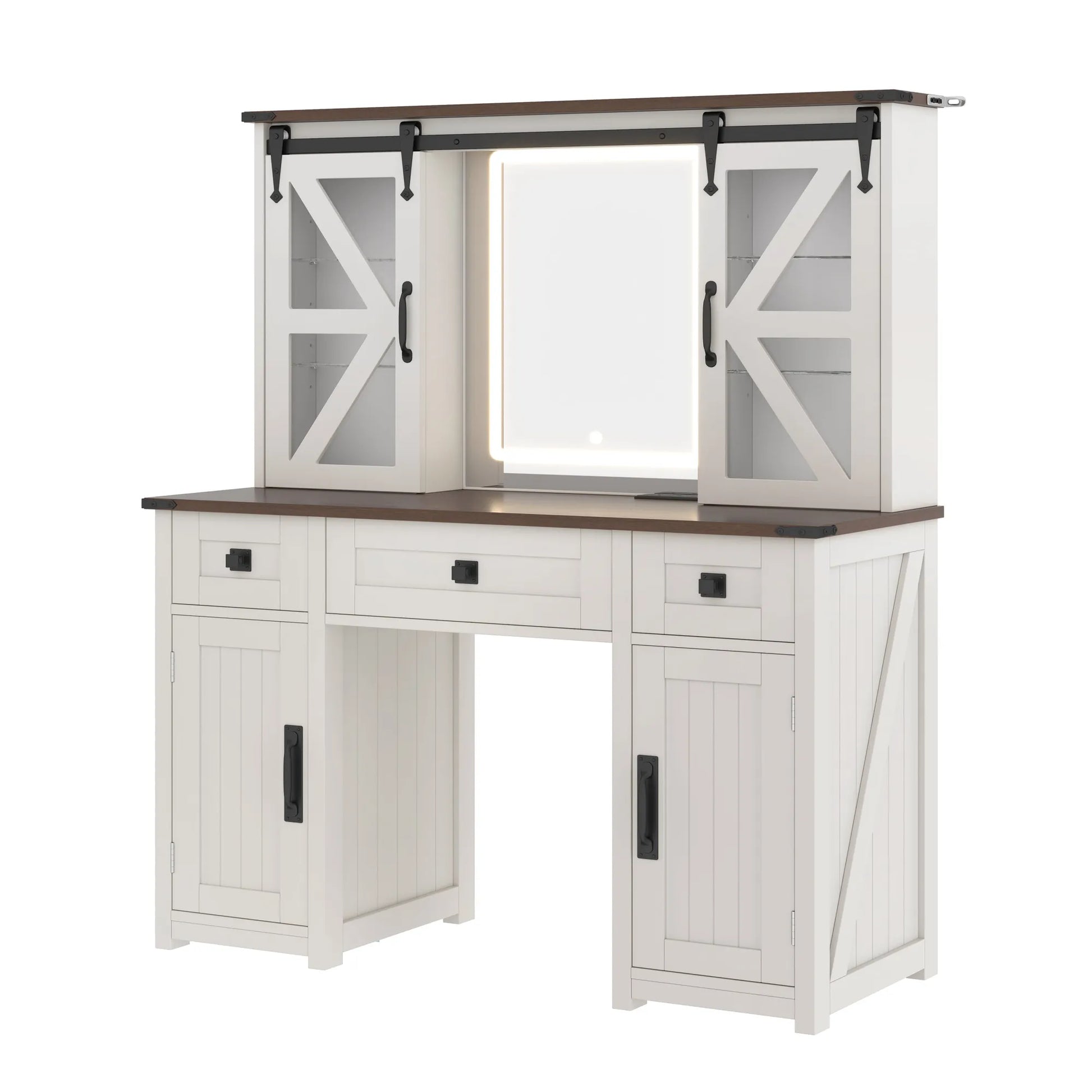 (Stool NOT Included) 43.3' Farmhouse Makeup Vanity Desk with Lighted Mirror, Vanity Table with Charging Station, Dressing Table with Sliding Barn – view 15
