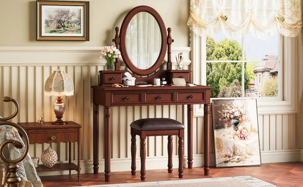 Vanity Desk with Adjustable Angle Mirror, Vintage Vanity Makeup Table and Cushioned Stool Set with Velvet Fabric Lining 5 Drawers,Wooden Dressing – view 15