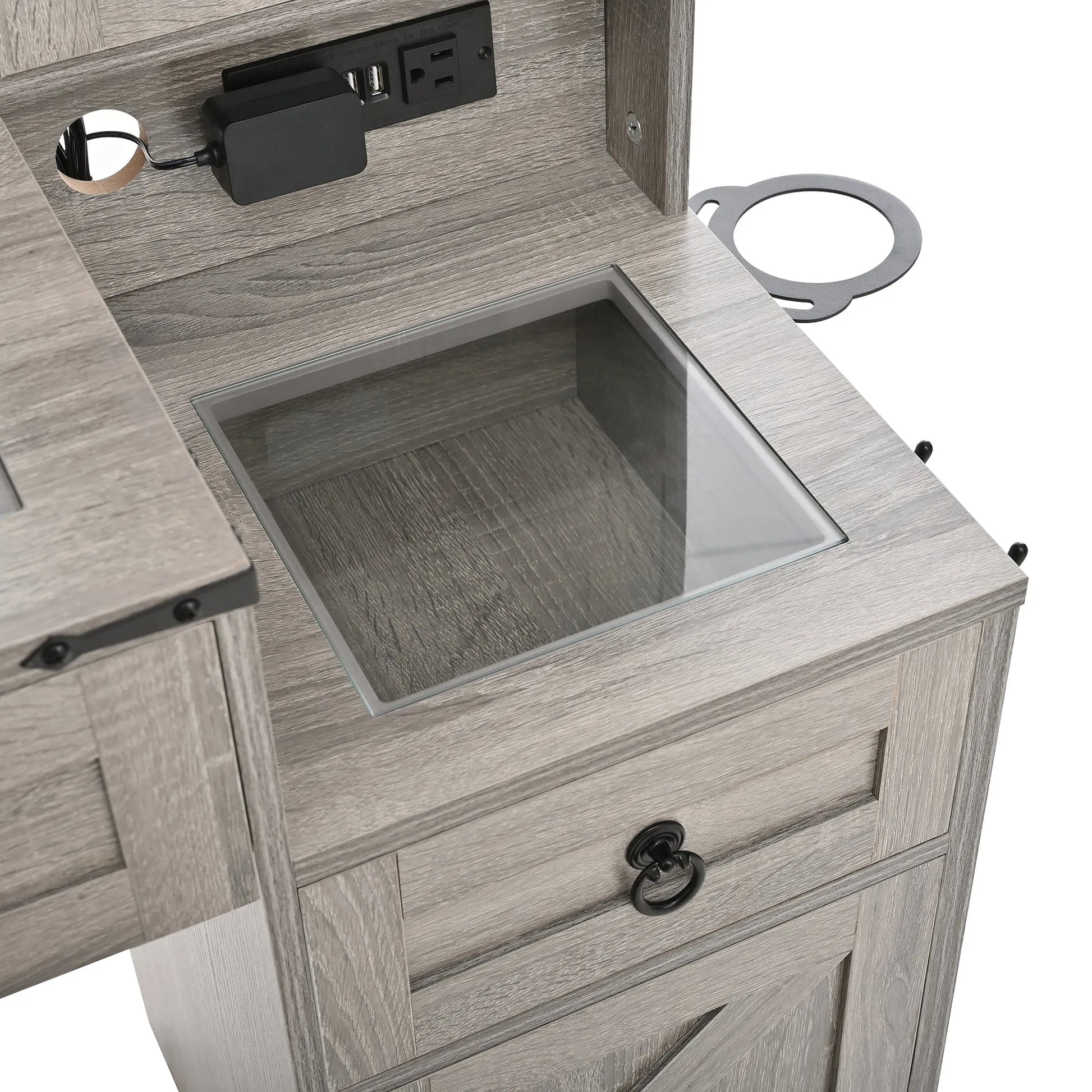 Farmhouse Vanity Desk with Sliding Mirror and Lights, Vanity Set with Glass Top and Charging Station ,Dressing Table with 4 Drawers and 2 Cabinets – view 15