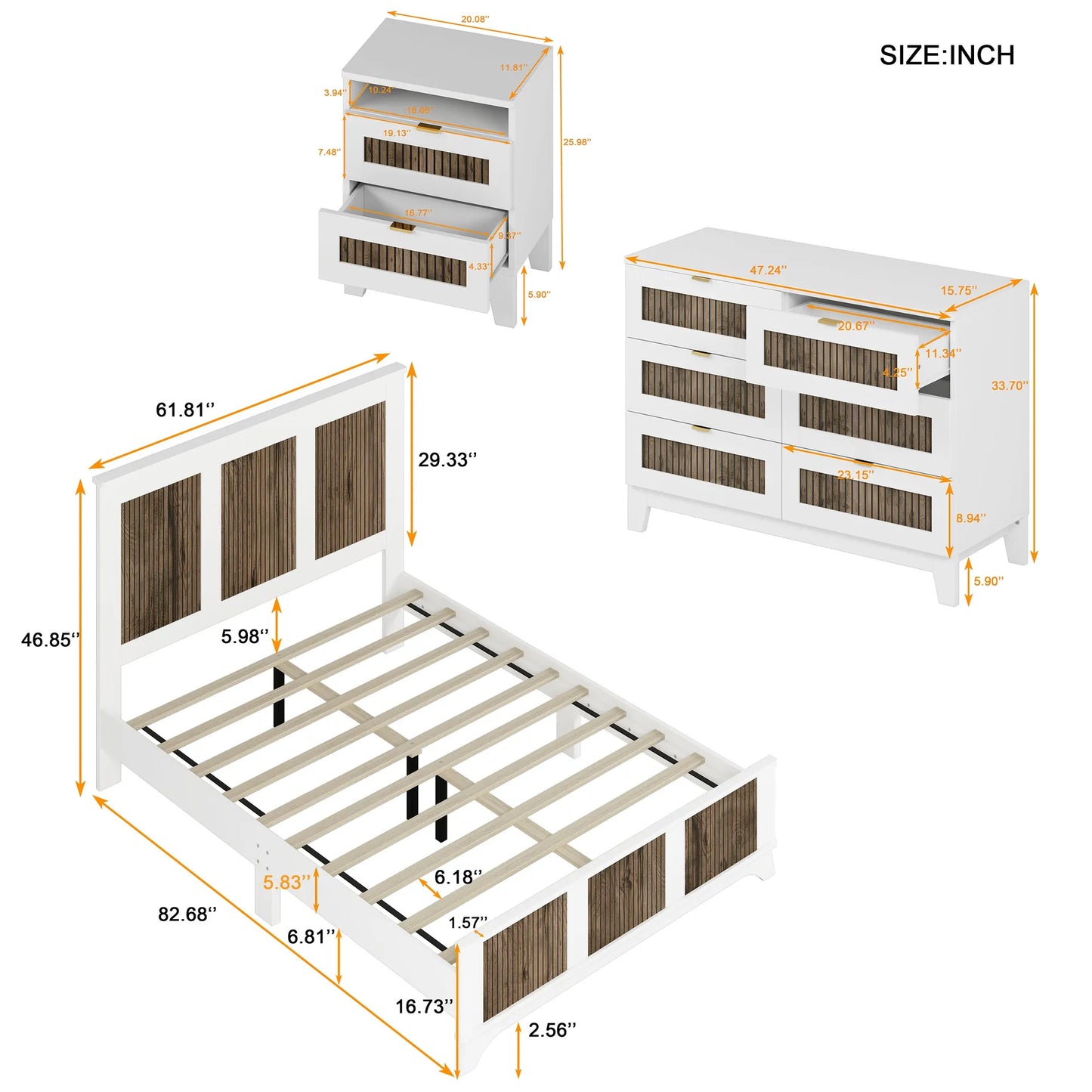 4-Pieces Bedroom Sets, Queen Size Farmhouse Platform Bed with Wooden Strip Stickers Decoration, Storage Nightstand and Dresser with Metal Handle – view 15