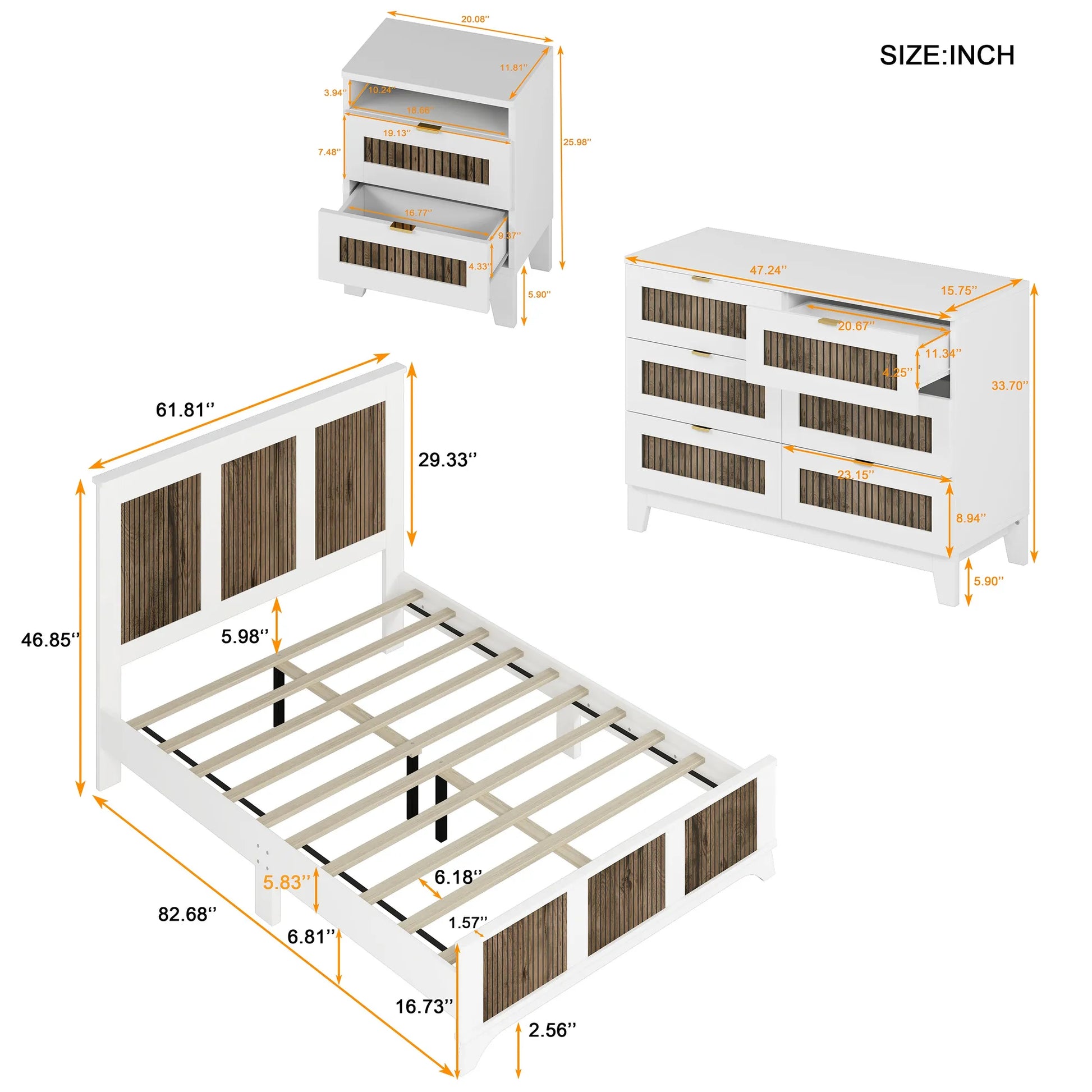 4-Pieces Bedroom Sets, Queen Size Farmhouse Platform Bed with Wooden Strip Stickers Decoration, Storage Nightstand and Dresser with Metal Handle – view 15