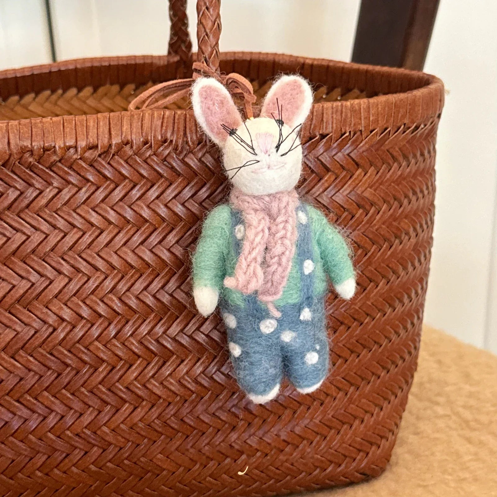 Pink scarf rabbit wool felt charm