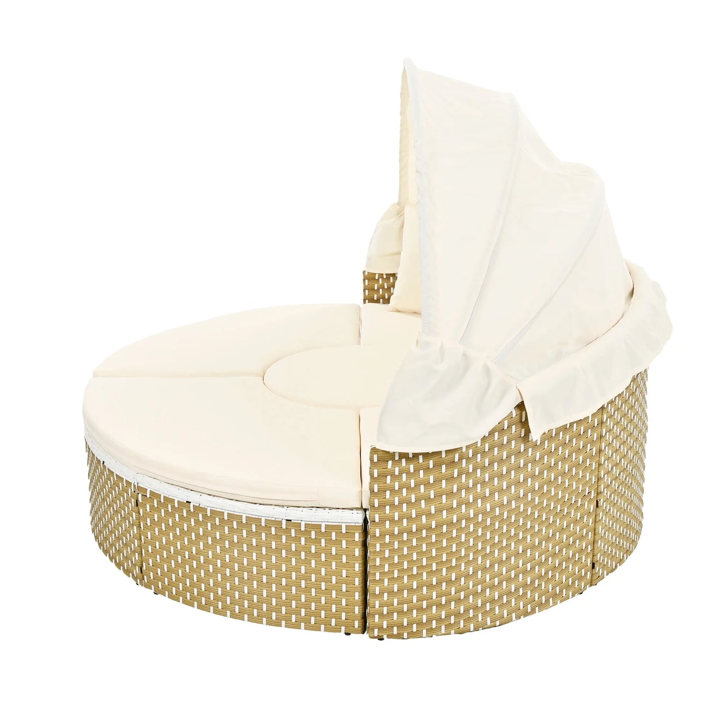 Patio Furniture Round Outdoor Sectional Sofa Set Rattan Daybed Two-Tone Weave Sunbed with Retractable Canopy, Separate Seating and Removable Cushion – view 15
