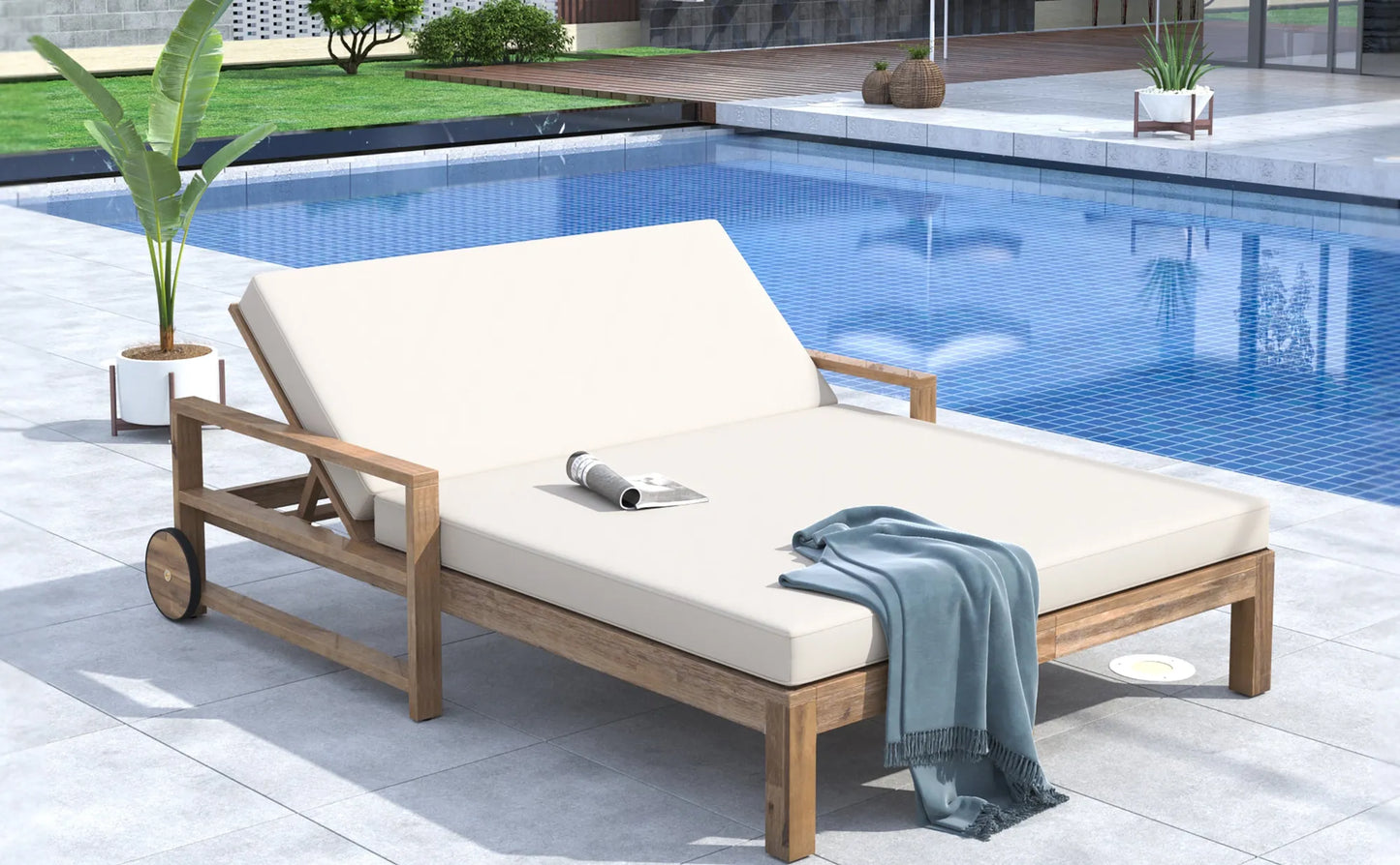 1-Piece Farmhouse-styled Wooden Outdoor Sunbed for Ultimate Relaxation Outdoor Daybed Seating 2 People for Poolside, Garden and Backyard (Beige) – view 15