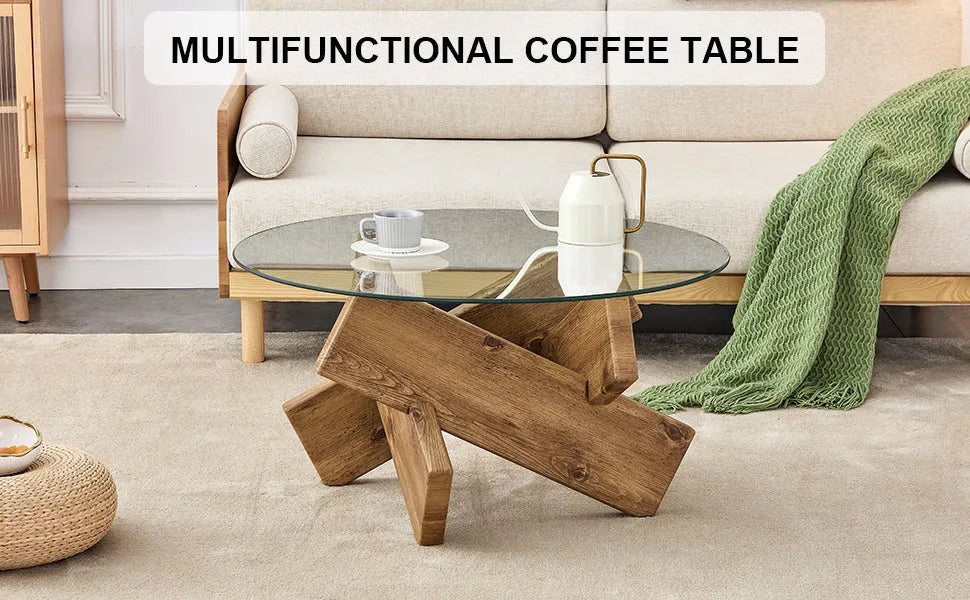 Circular glass coffee table, 33.4-inch modern and distinctive design tea table. Tempered glass countertop, wood colored MDF table legs. Suitable for – view 15
