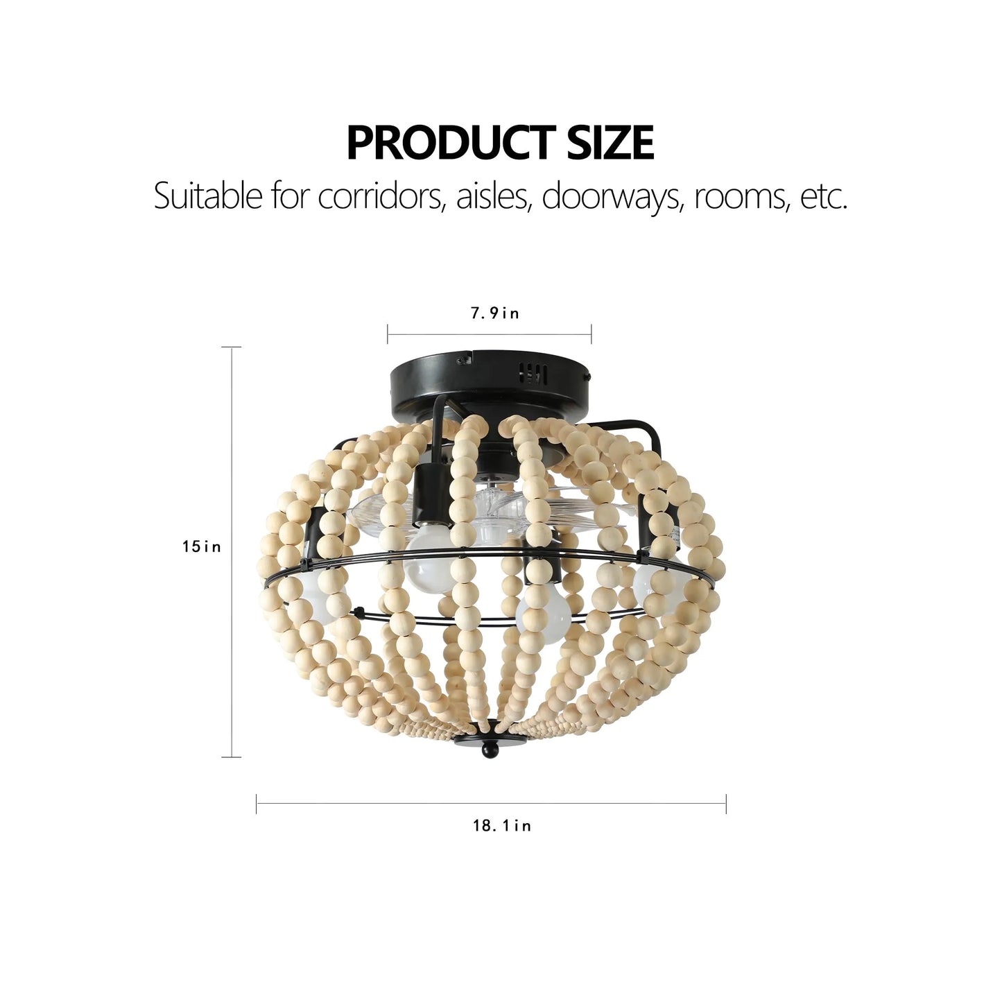 18' Bohemian Wood Beaded Ceiling Fan with Light, Flush Mount Caged Ceiling Fan, Rustic Farmhouse Low Profile Fan Light Fixture for Indoor Home Decor – view 15